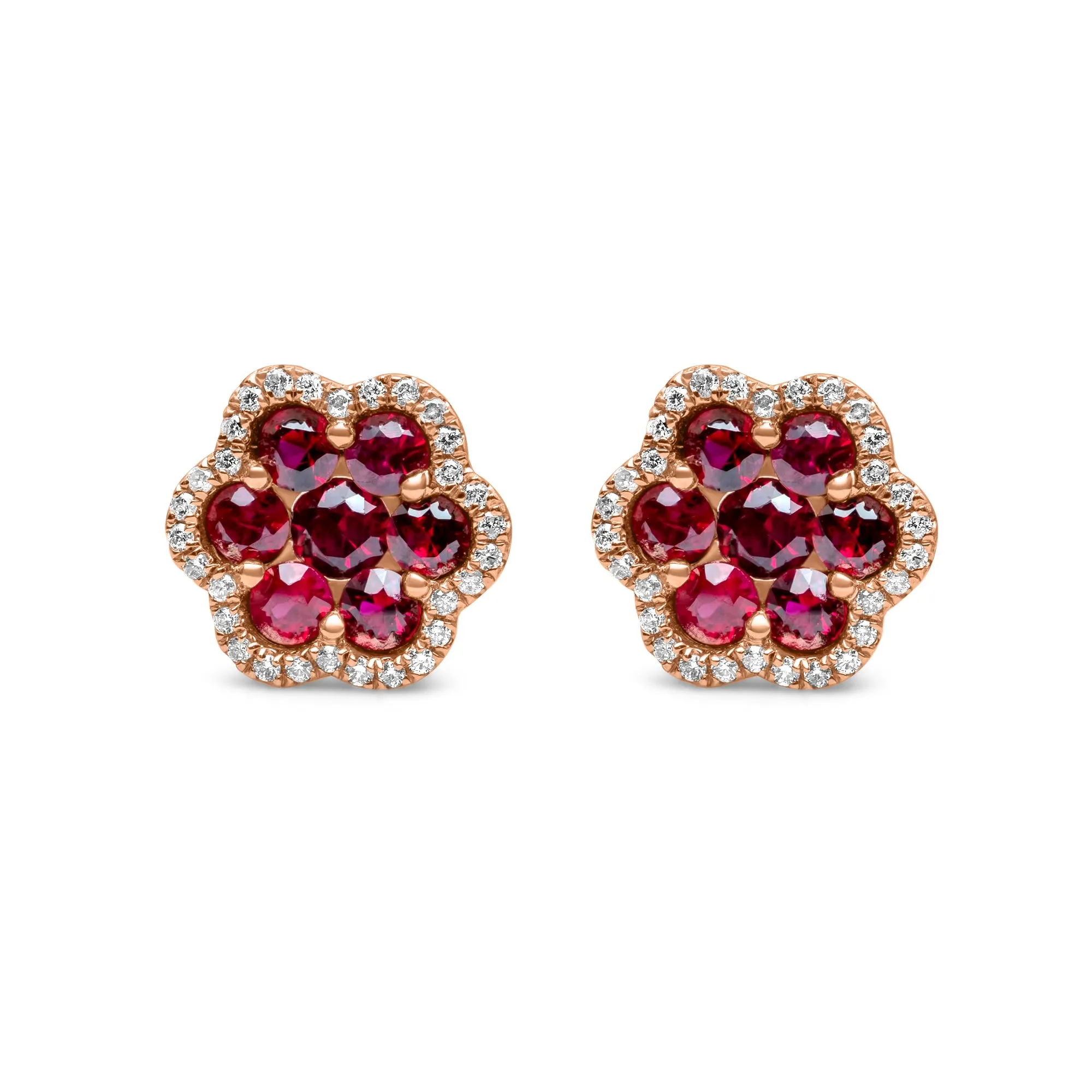 14k Solid Gold Diamond Ruby Cluster Earrings