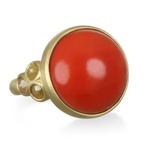 18 Karat Gold Coral Milky Diamond Bezel Ring
