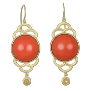 18 Karat Gold Coral Milky Diamond Scallop Earrings