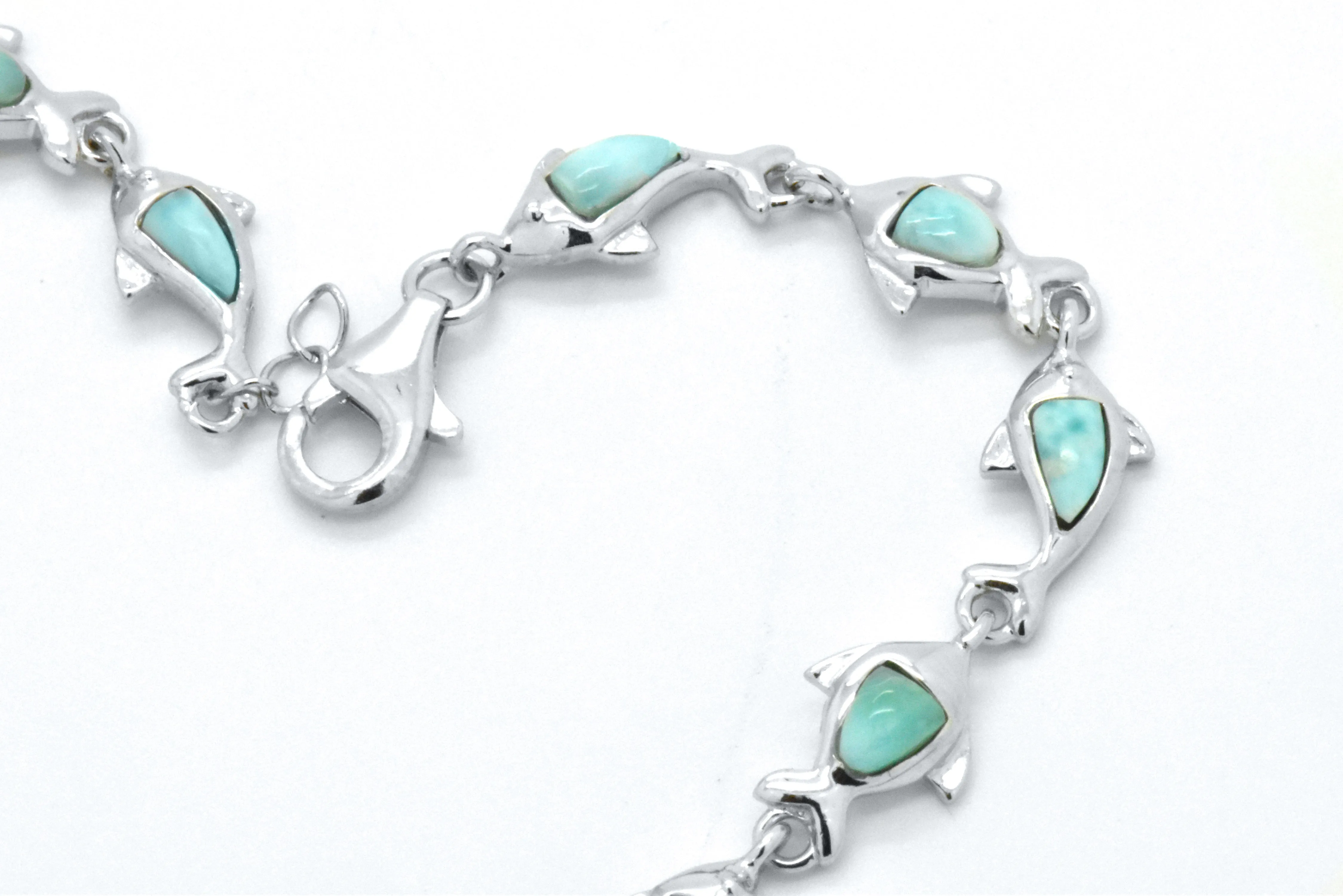 925 Sterling Silver Natural Heart Blue Green Larimar Dolphin Fancy Link Bracelet