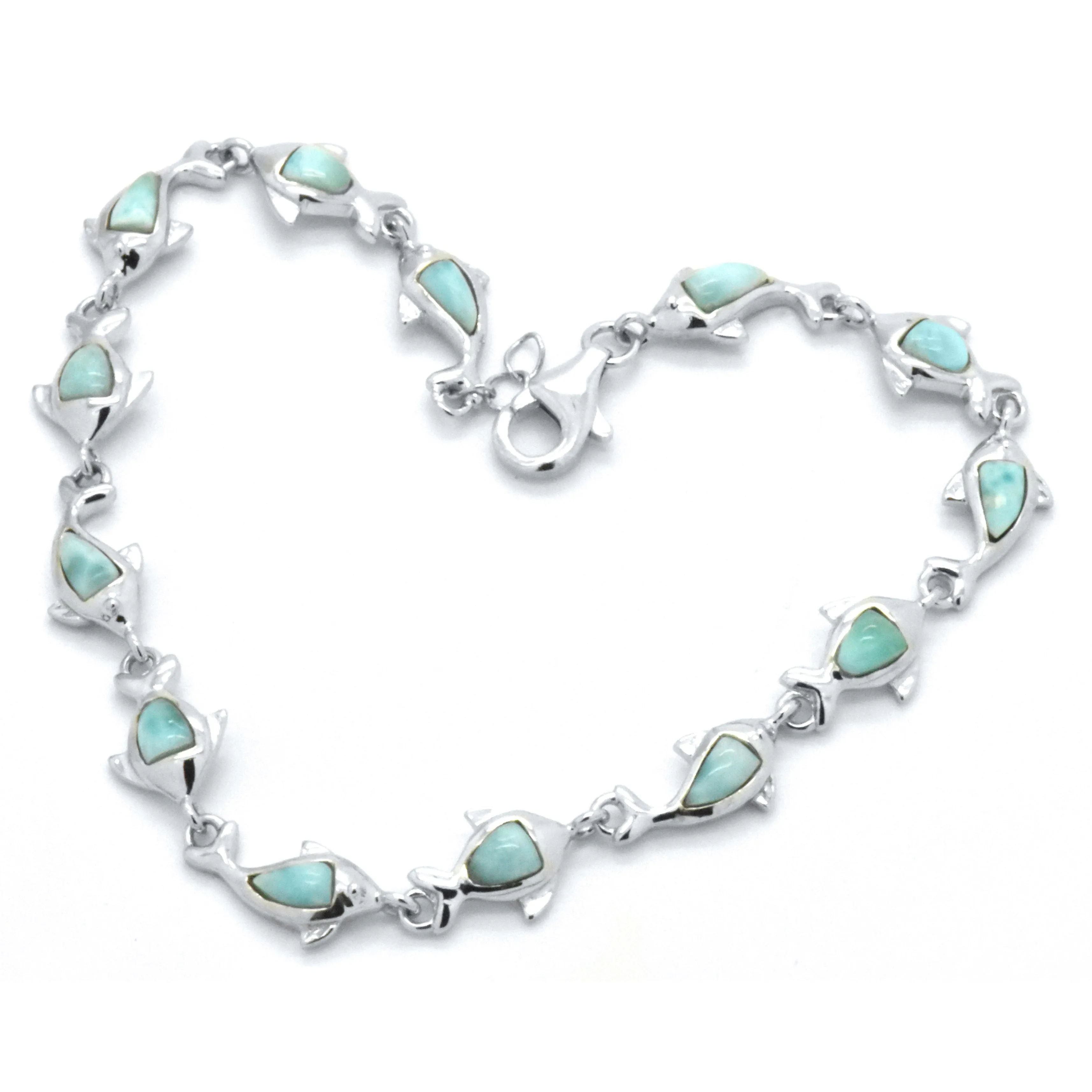 925 Sterling Silver Natural Heart Blue Green Larimar Dolphin Fancy Link Bracelet
