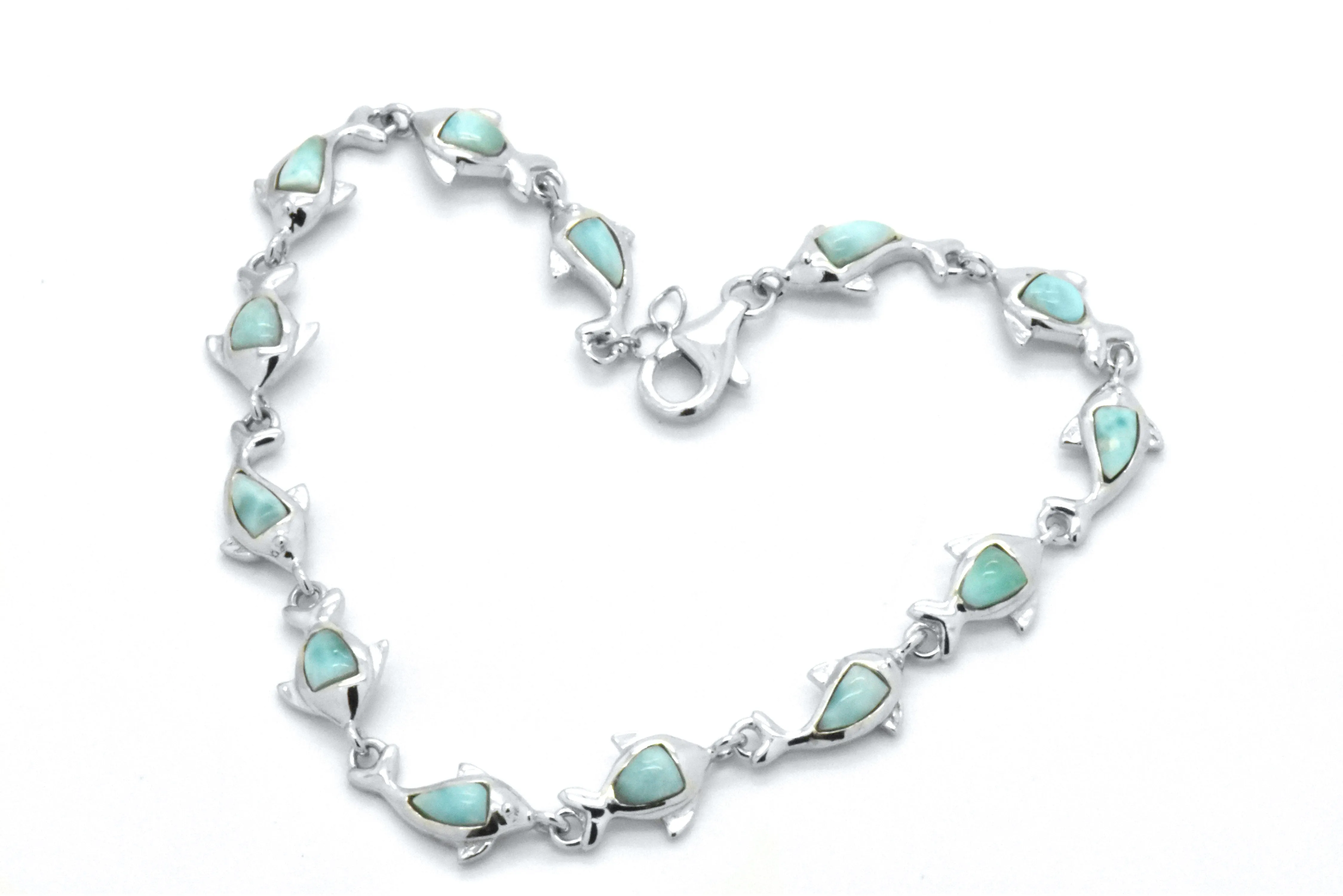 925 Sterling Silver Natural Heart Blue Green Larimar Dolphin Fancy Link Bracelet