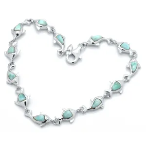 925 Sterling Silver Natural Heart Blue Green Larimar Dolphin Fancy Link Bracelet