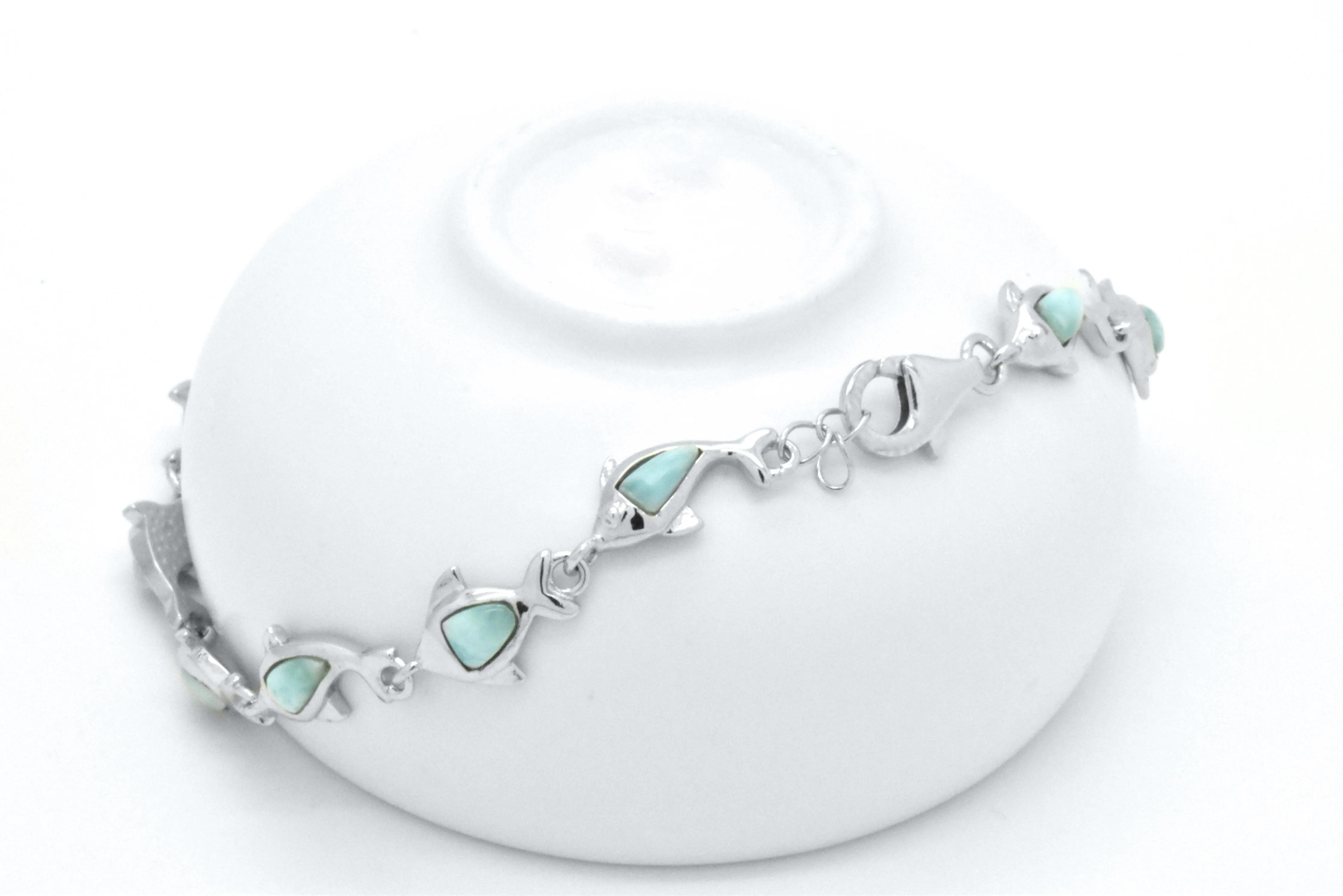925 Sterling Silver Natural Heart Blue Green Larimar Dolphin Fancy Link Bracelet