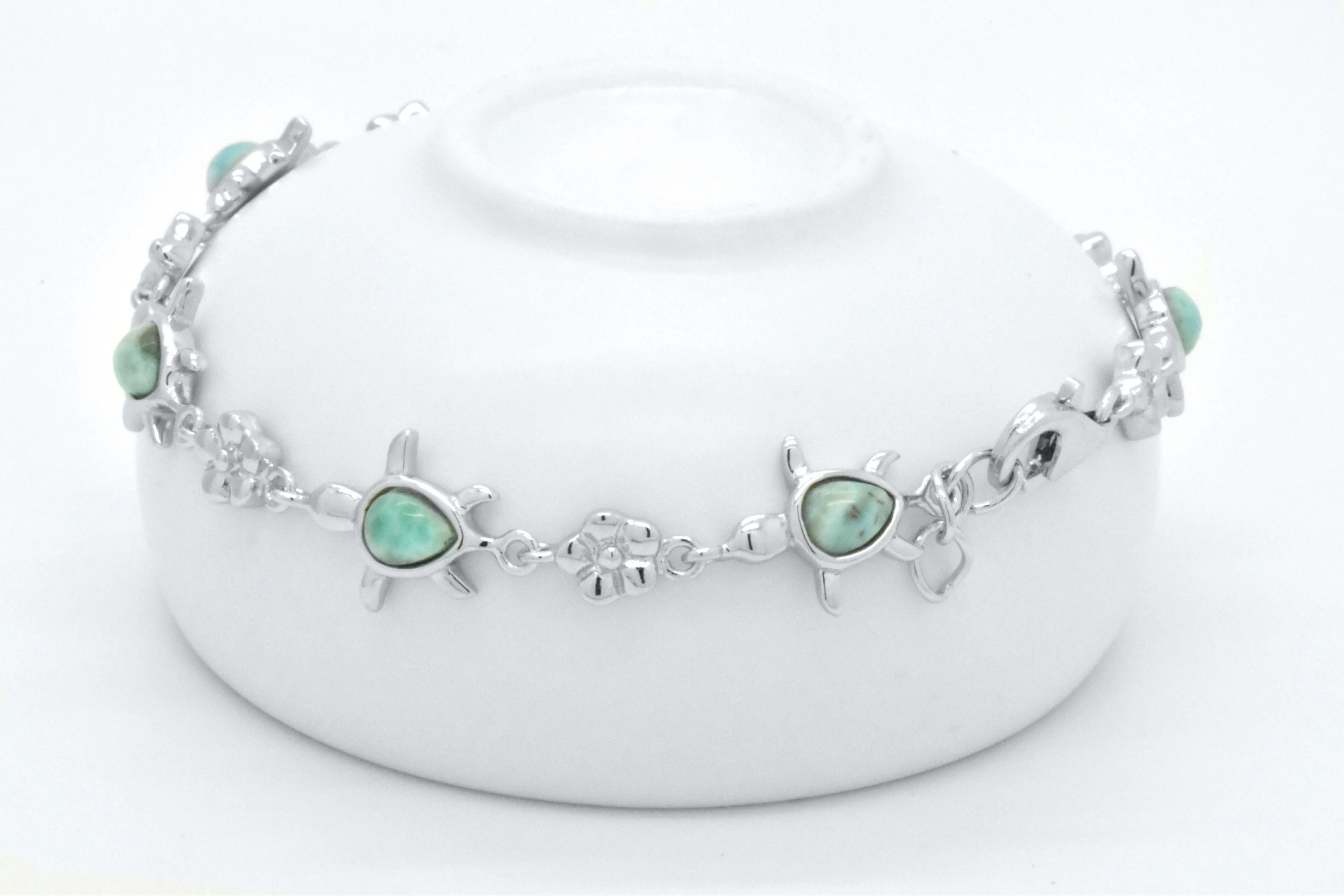 925 Sterling Silver Natural Heart Blue Green Larimar Turtle Fancy Link Bracelet