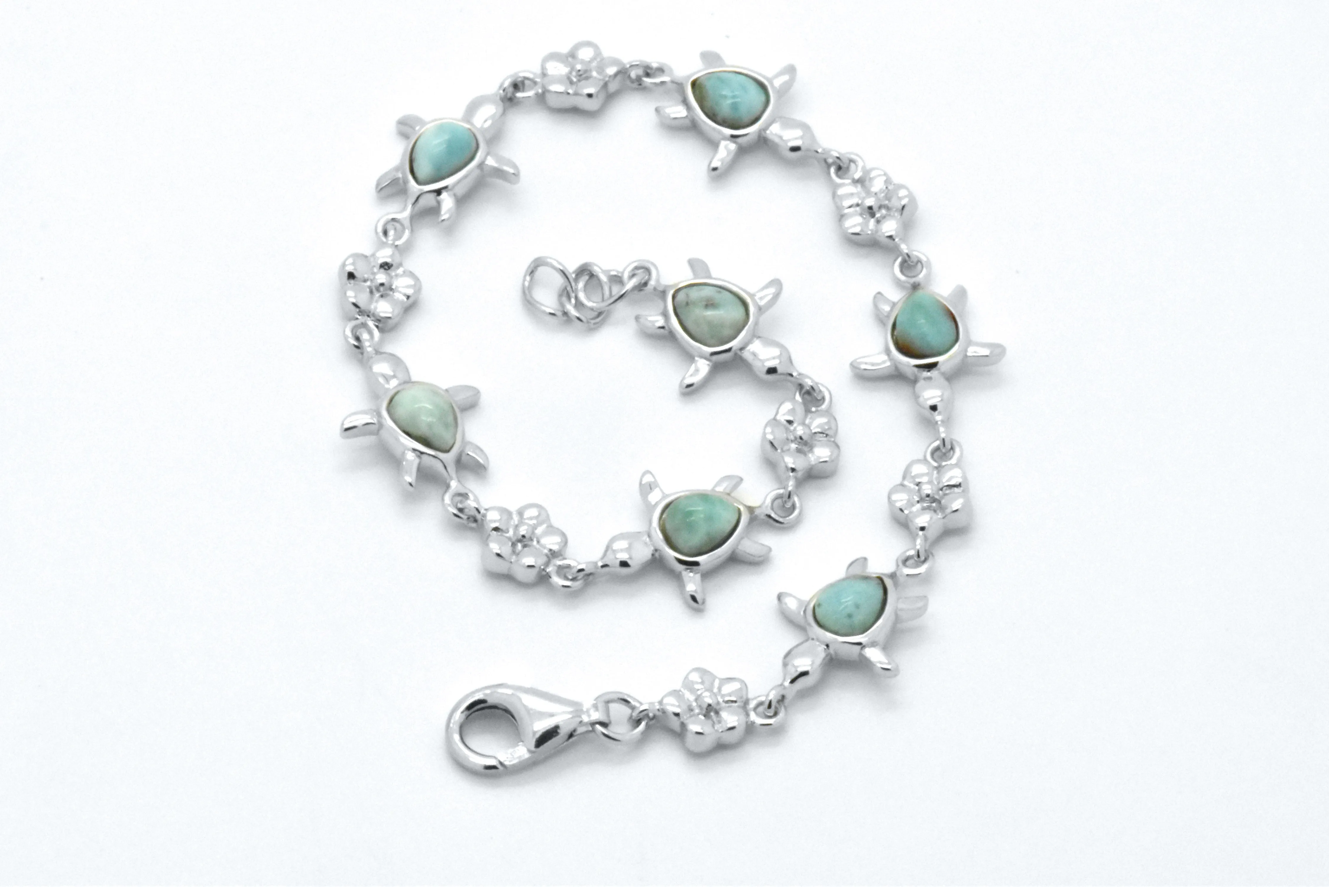 925 Sterling Silver Natural Heart Blue Green Larimar Turtle Fancy Link Bracelet