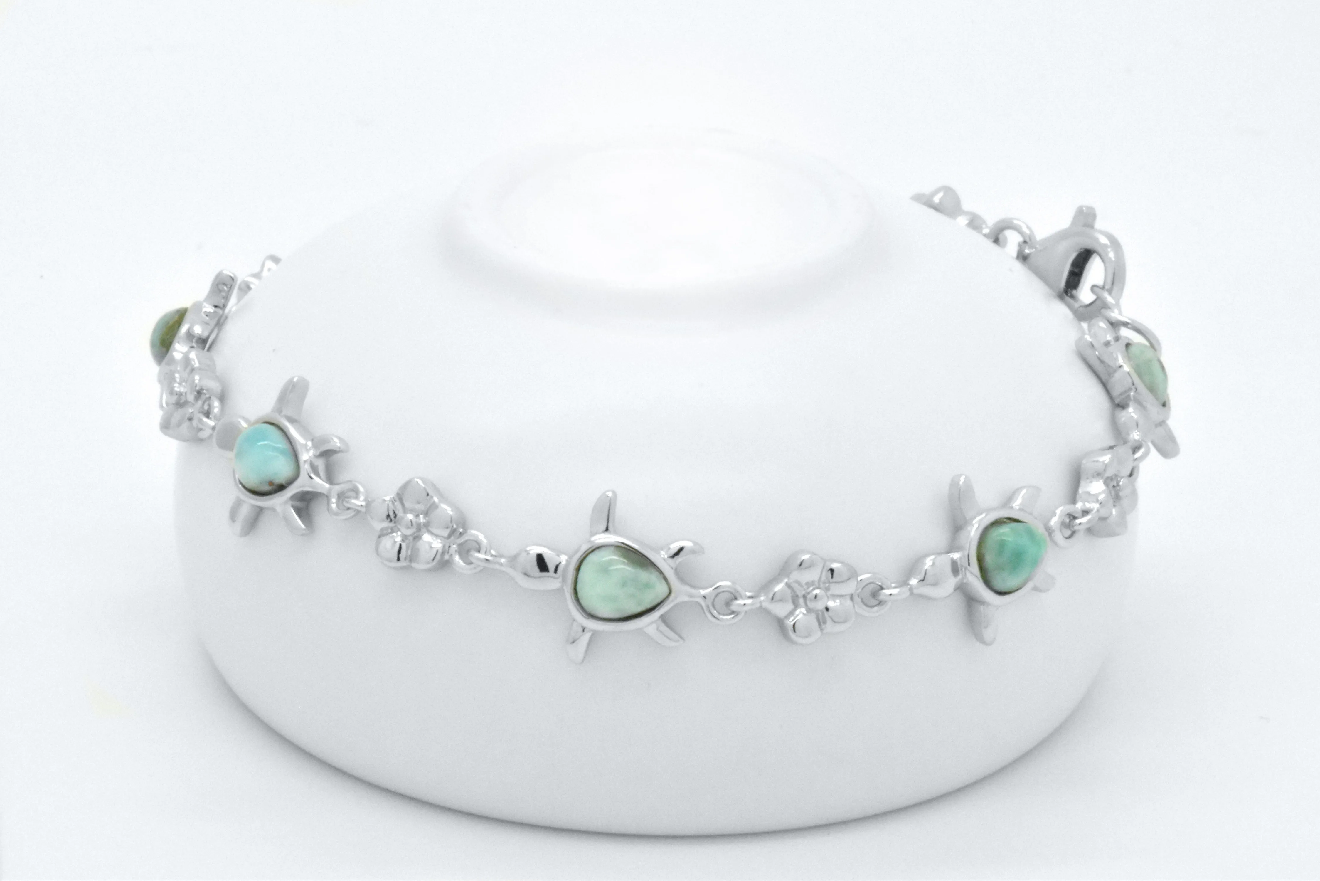925 Sterling Silver Natural Heart Blue Green Larimar Turtle Fancy Link Bracelet