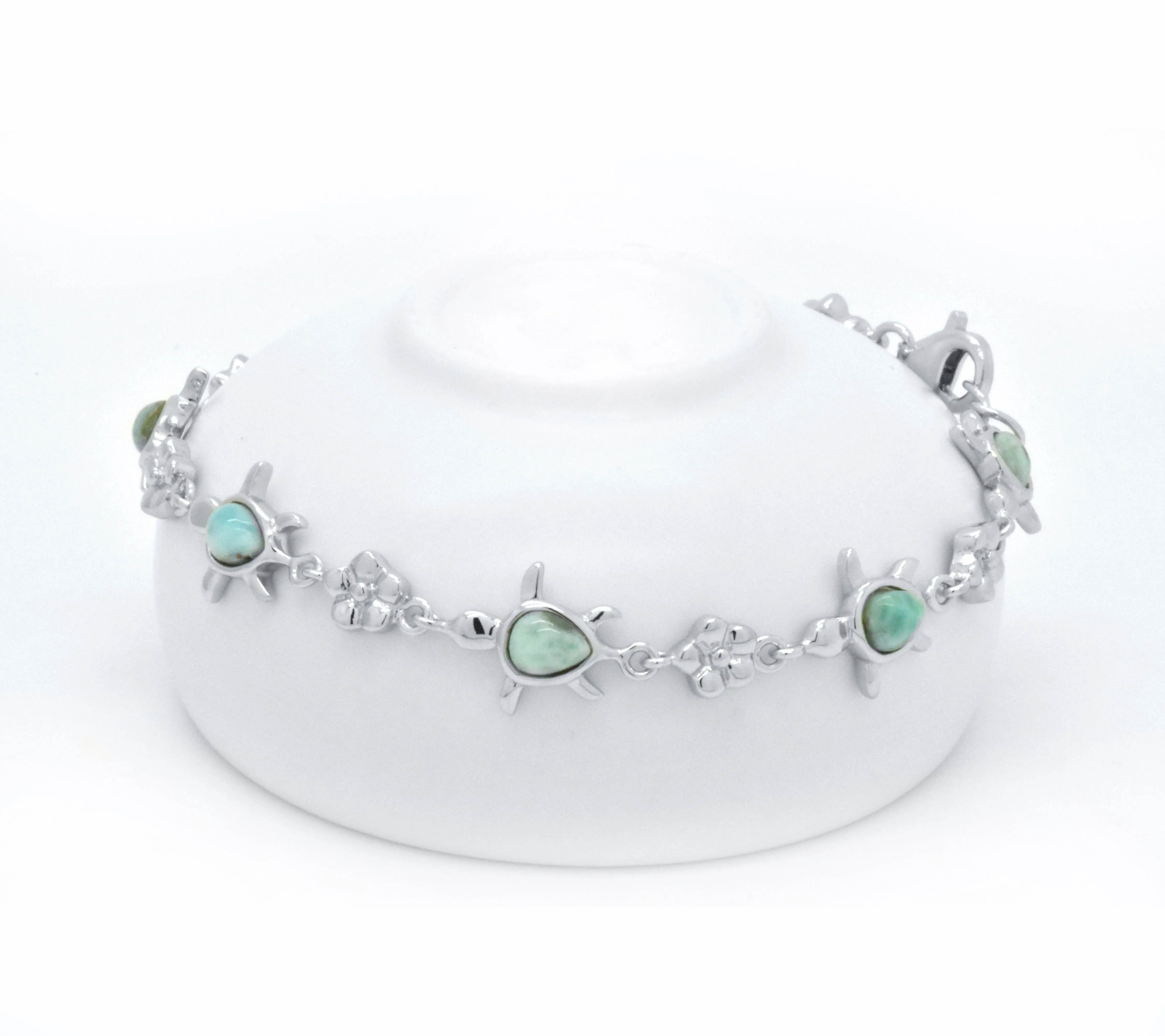 925 Sterling Silver Natural Heart Blue Green Larimar Turtle Fancy Link Bracelet