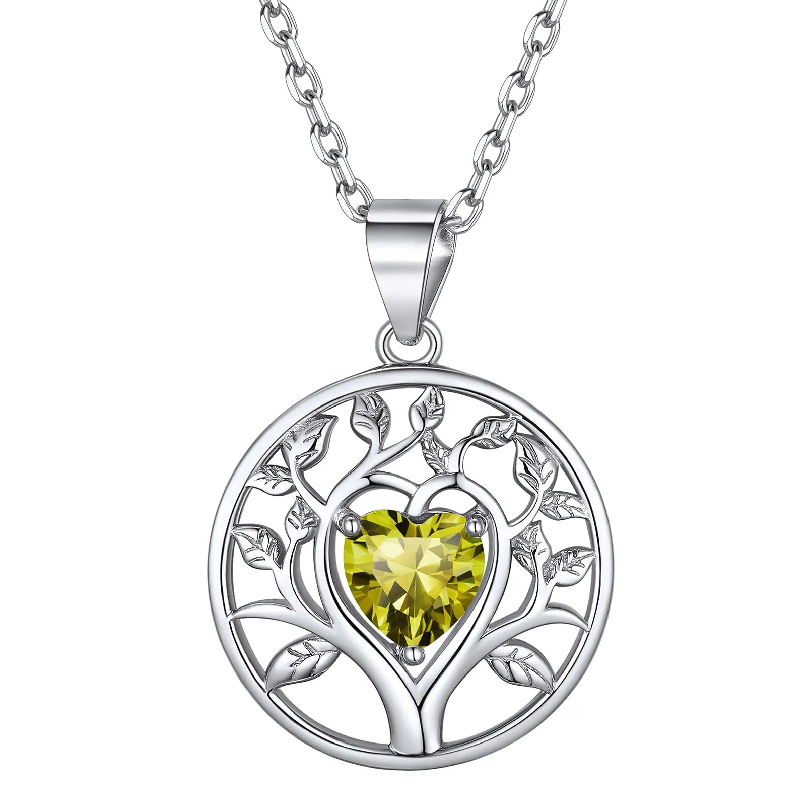 925 Sterling Silver Tree of Life Heart Birthstone Necklace for Women Simulated Birth Gemstone Jewelry(Gift Wrapped) 08 Aug