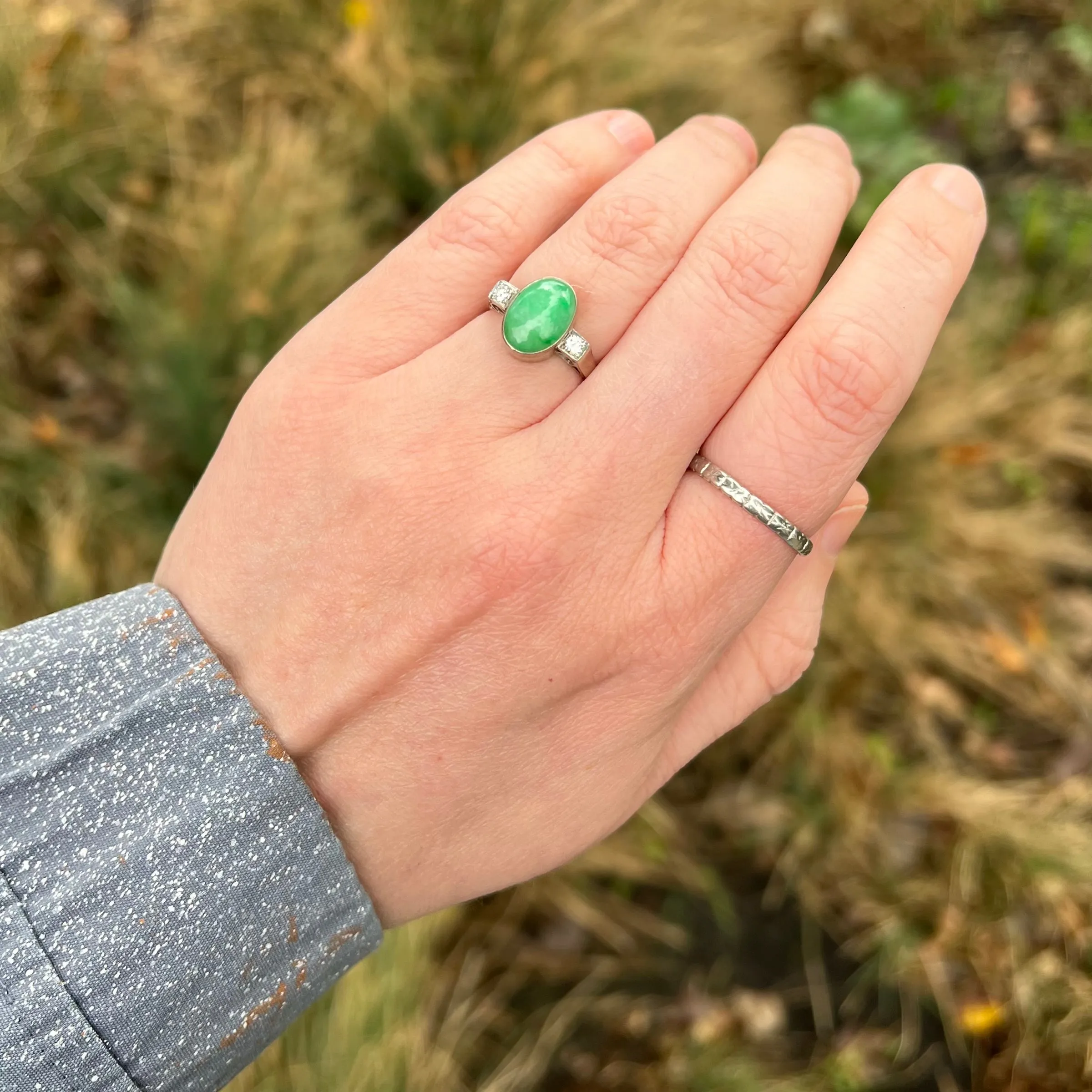 Art Deco 14k White Gold Jade Diamond Ring