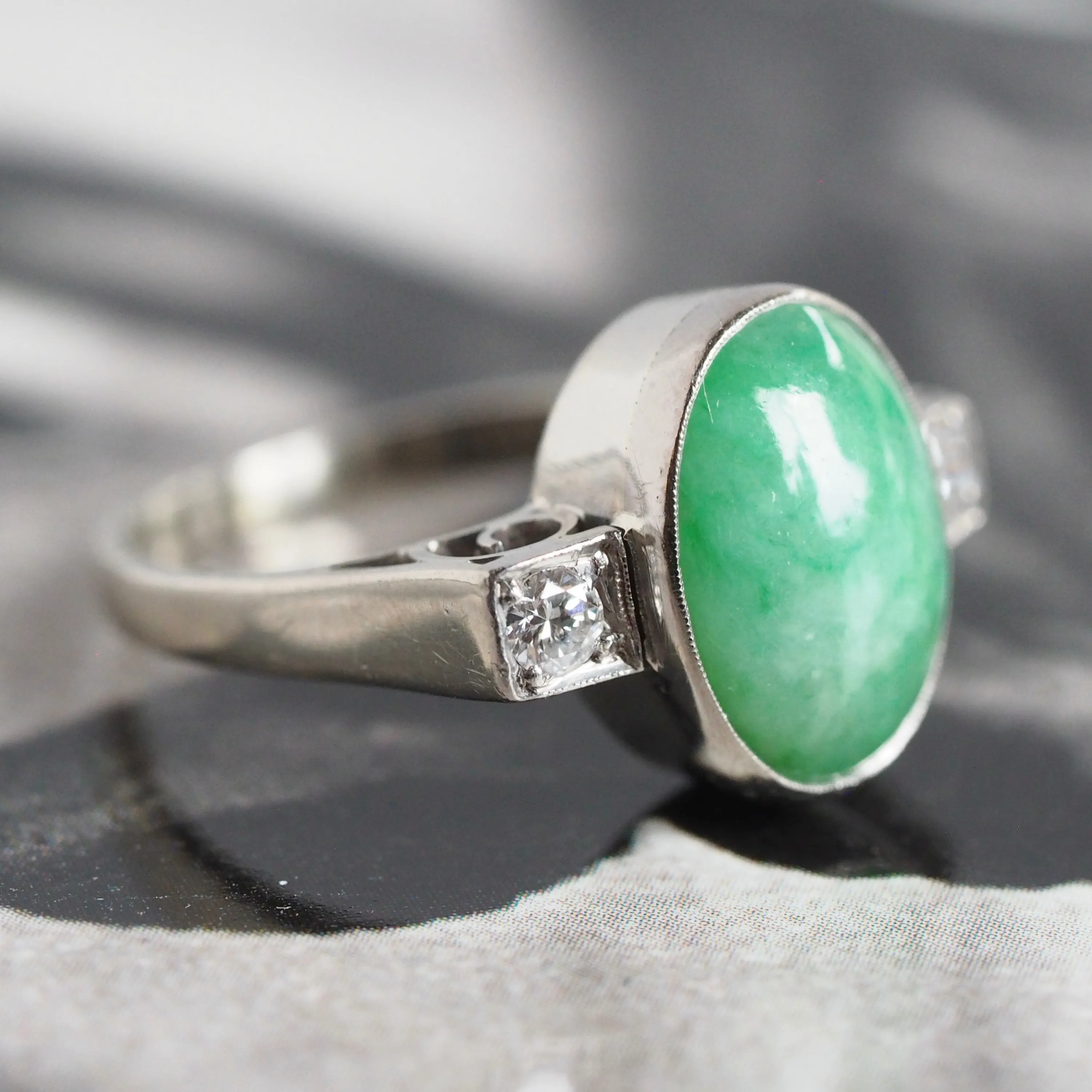 Art Deco 14k White Gold Jade Diamond Ring
