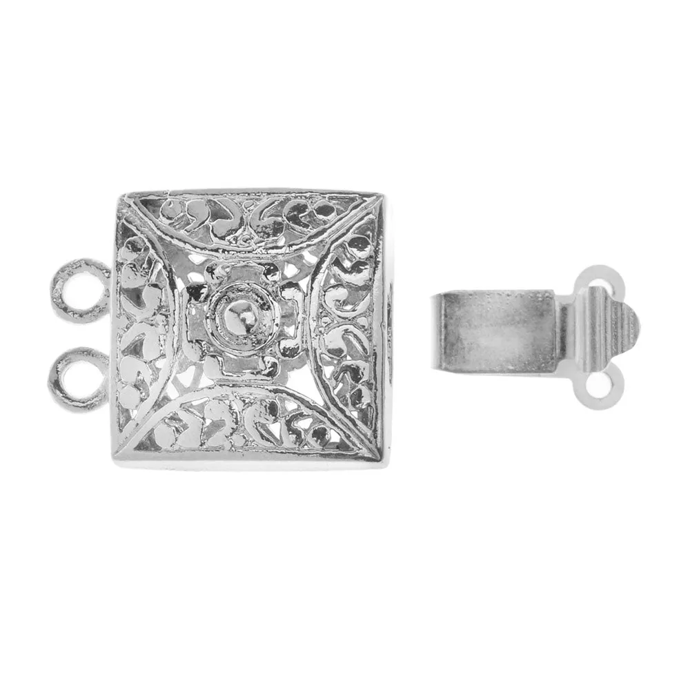 Box Clasps, 2-Strand Filigree Square Design 21.5x14.5mm, Platinum Tone (2 Sets)