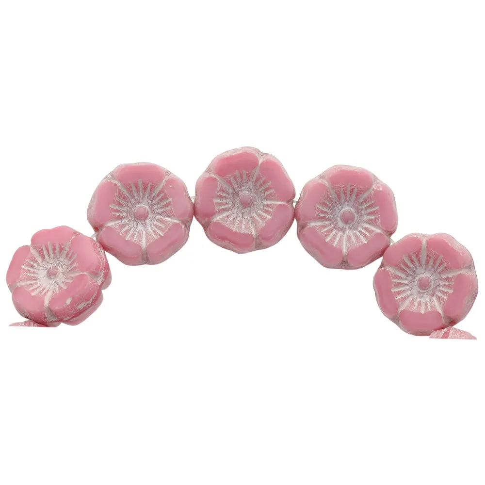 Czech Glass 12mm Bright Pink Silk with Platinum Wash Hibiscus Flower Bead Strand by Raven's Journey