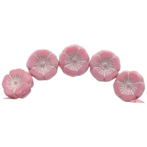 Czech Glass 12mm Bright Pink Silk with Platinum Wash Hibiscus Flower Bead Strand by Raven's Journey