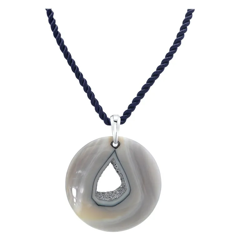 Druzy Quartz Agate with Rhodium Pendant, 14K White Gold 