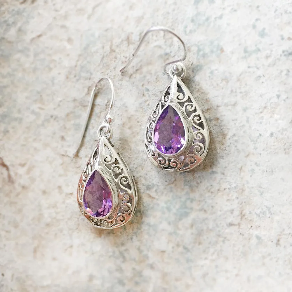 Facetted Amethyst Jali Silver Earring