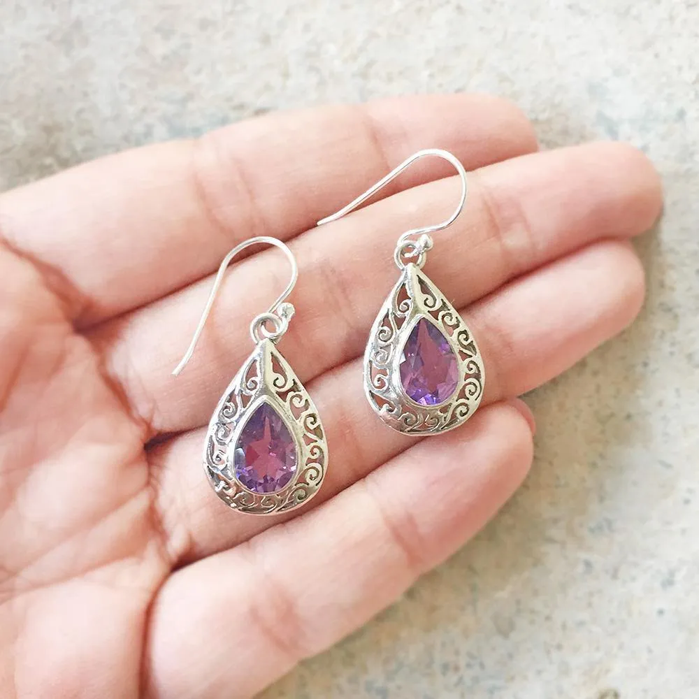 Facetted Amethyst Jali Silver Earring