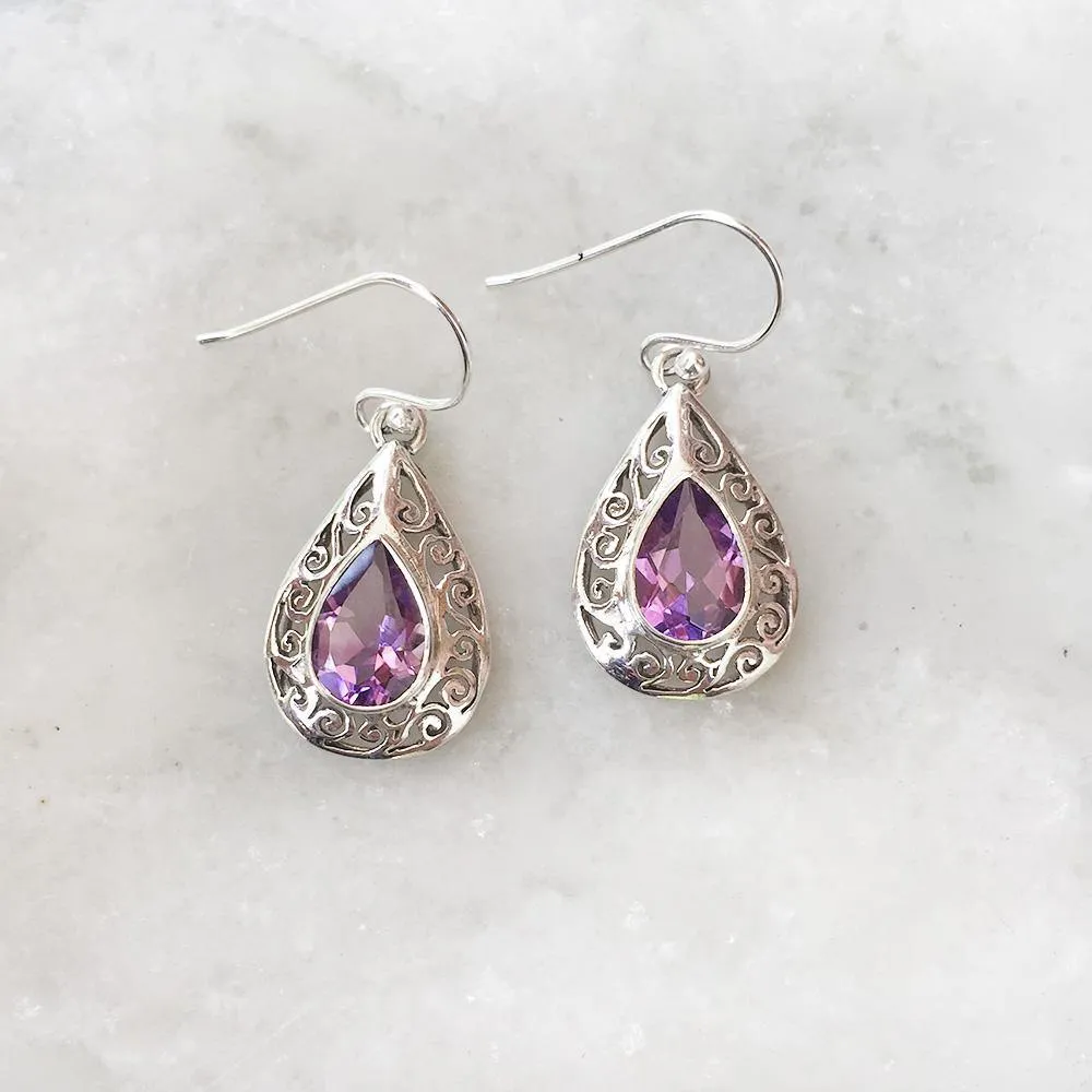 Facetted Amethyst Jali Silver Earring