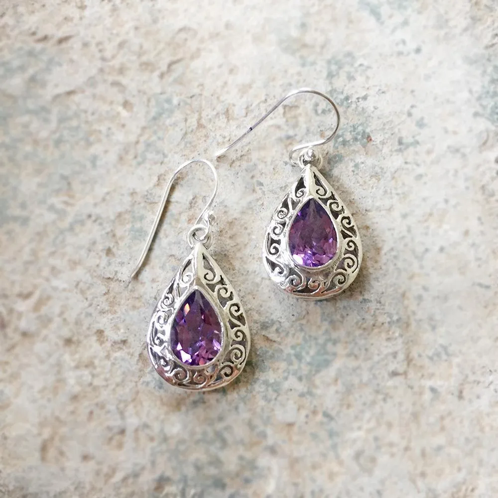 Facetted Amethyst Jali Silver Earring