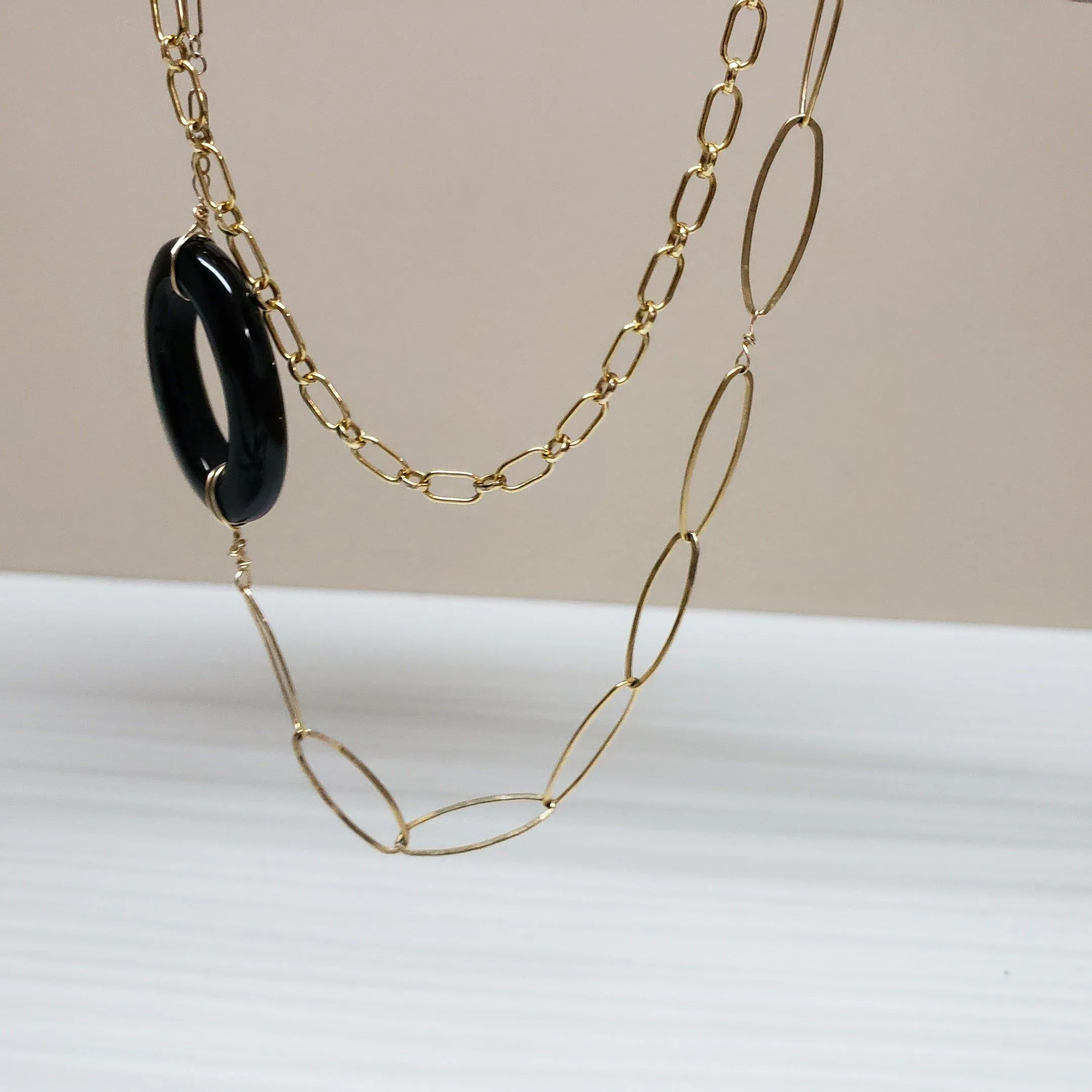 Jade peridot and Onyx multi chain necklace