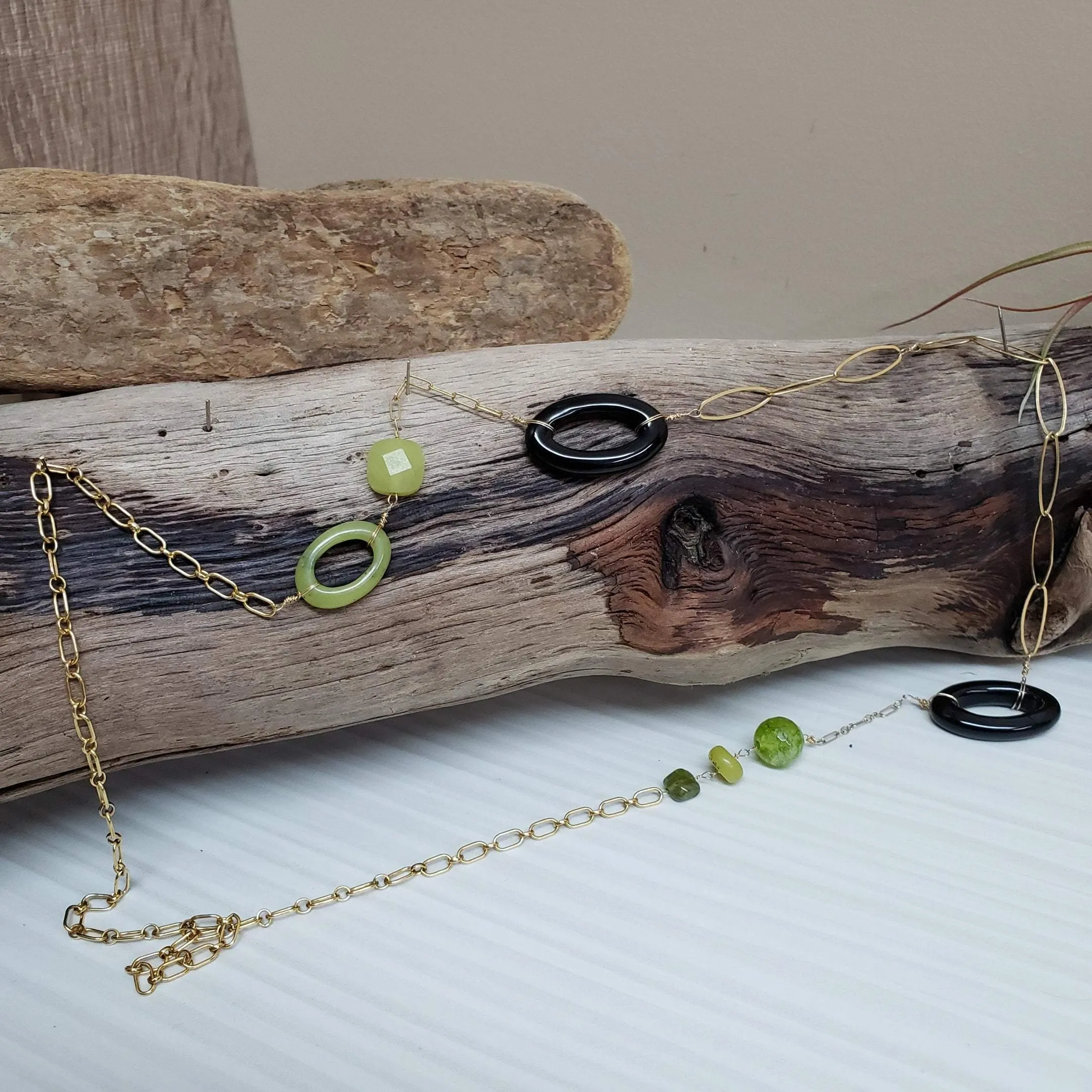 Jade peridot and Onyx multi chain necklace