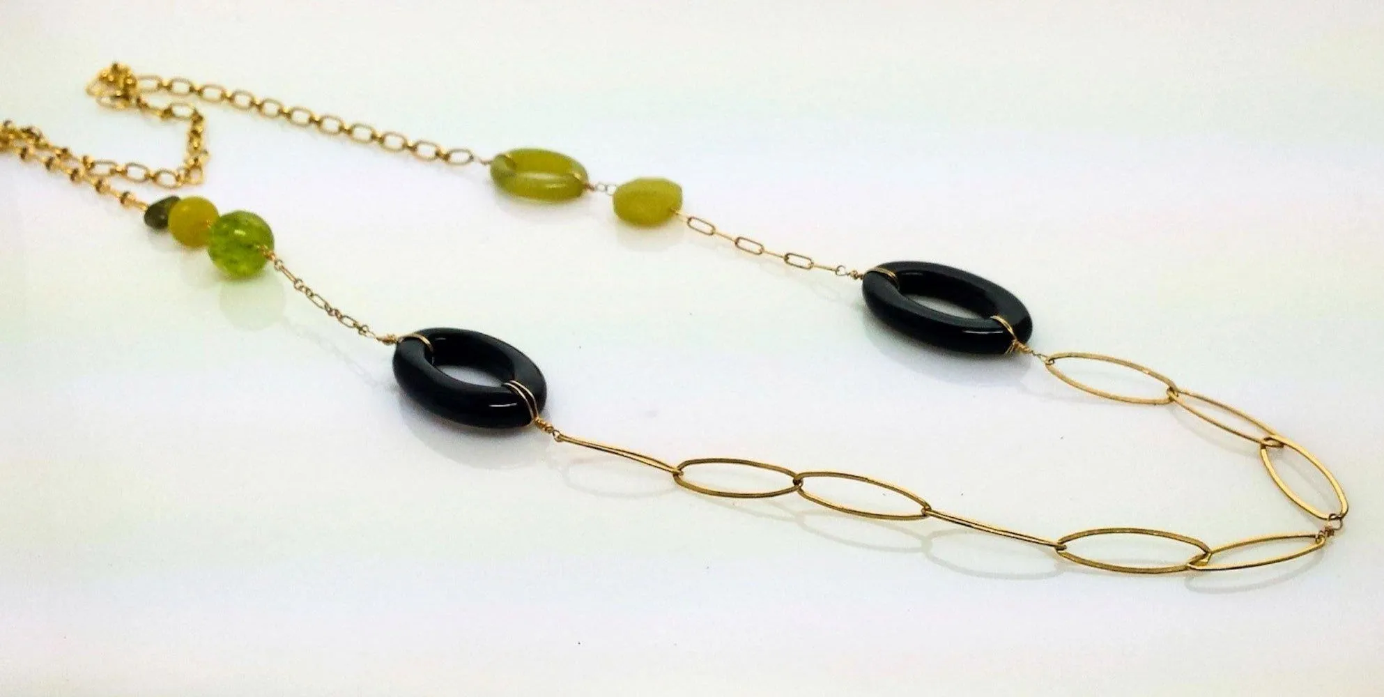 Jade peridot and Onyx multi chain necklace