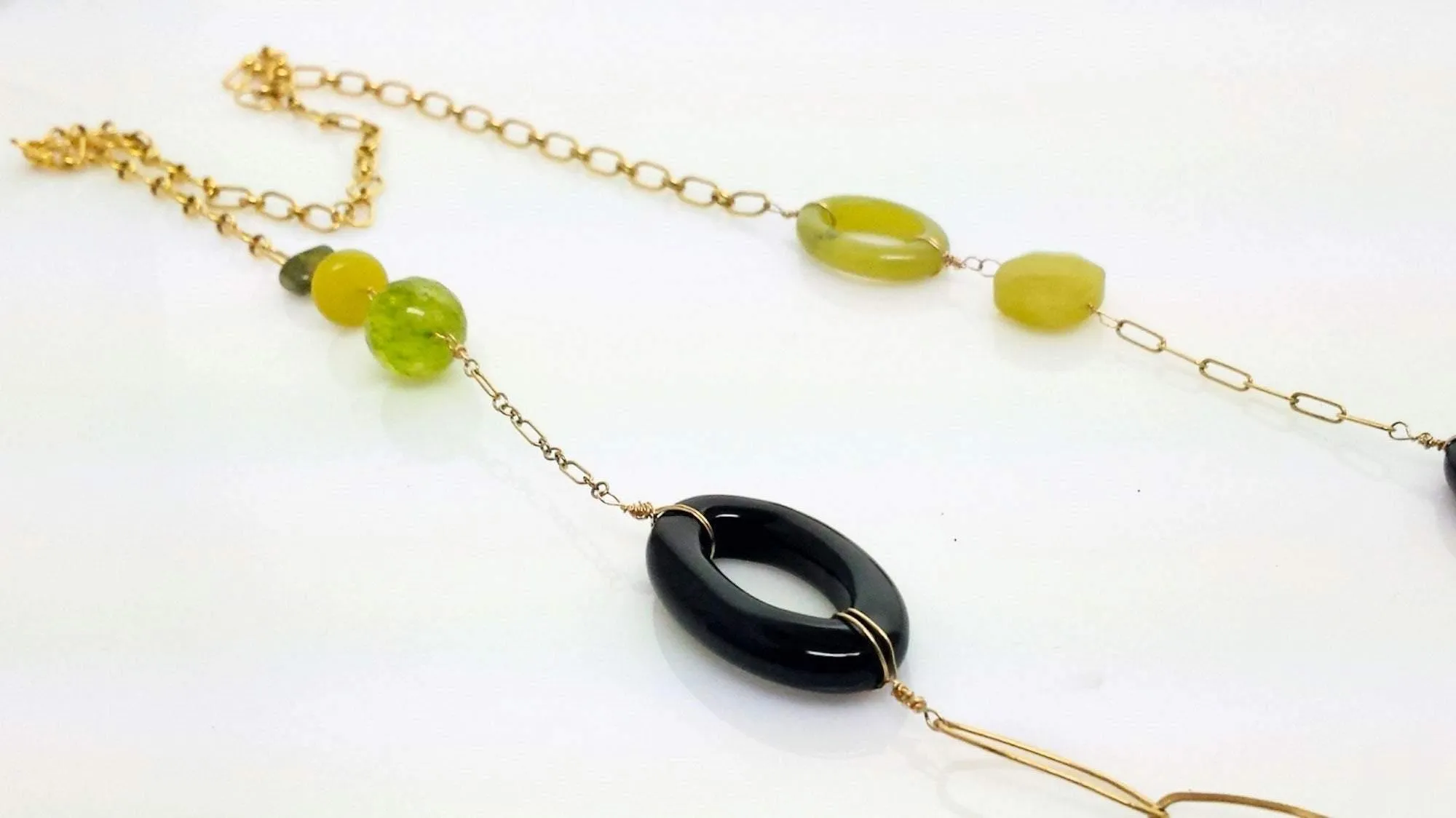 Jade peridot and Onyx multi chain necklace
