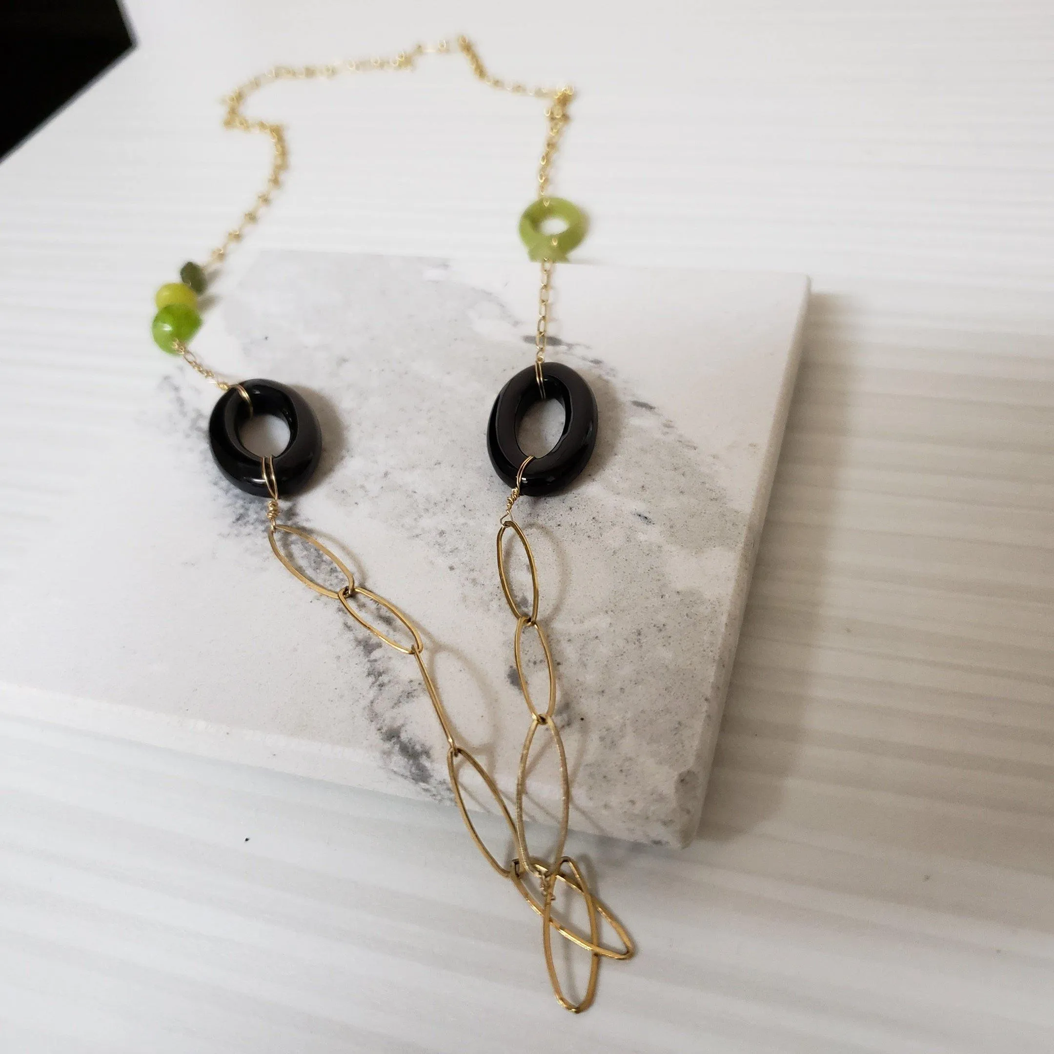 Jade peridot and Onyx multi chain necklace