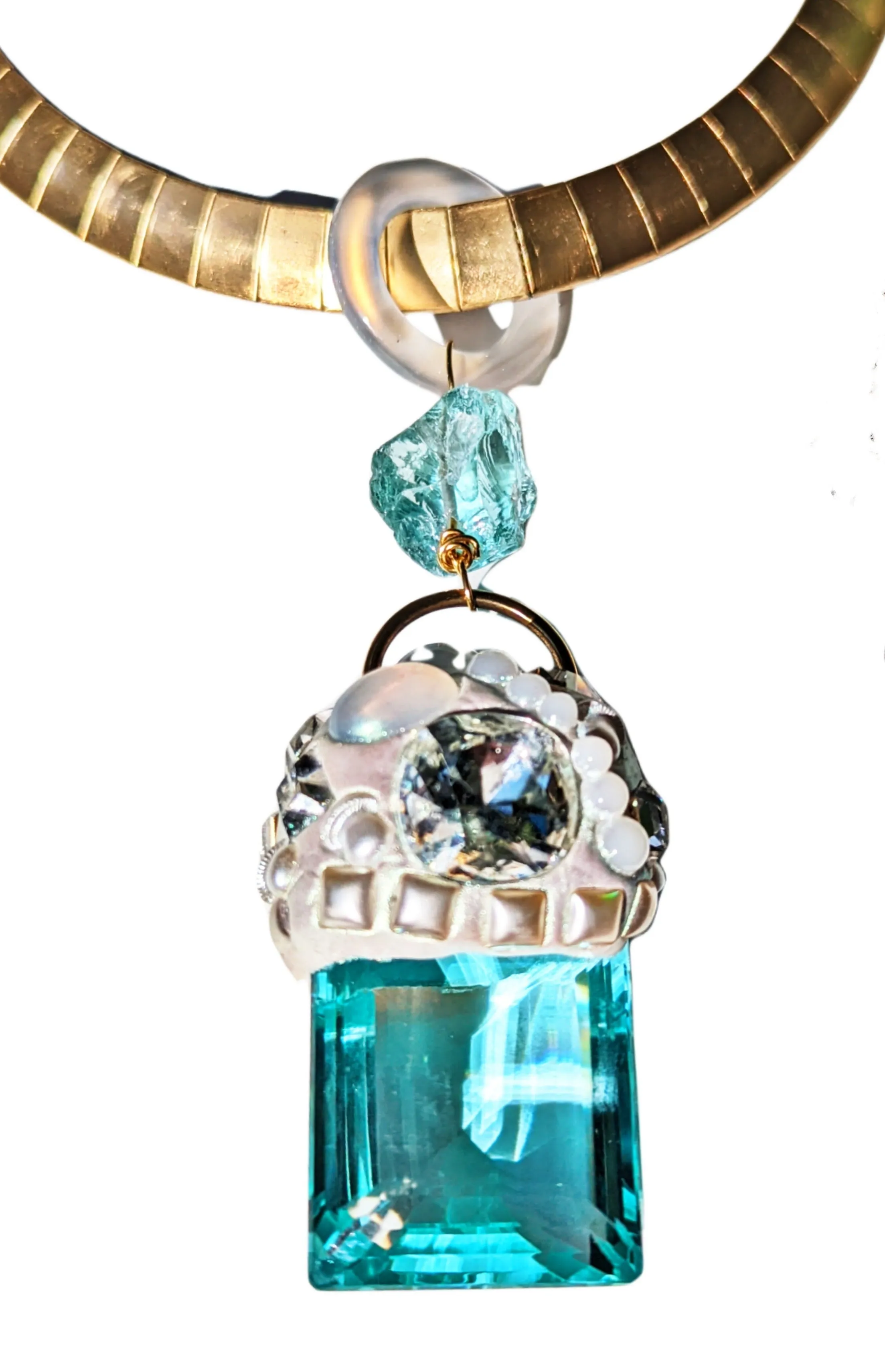 Jumbo Aqua Quartz emerald cut Pendant Collar Necklace Gay Isber One of one