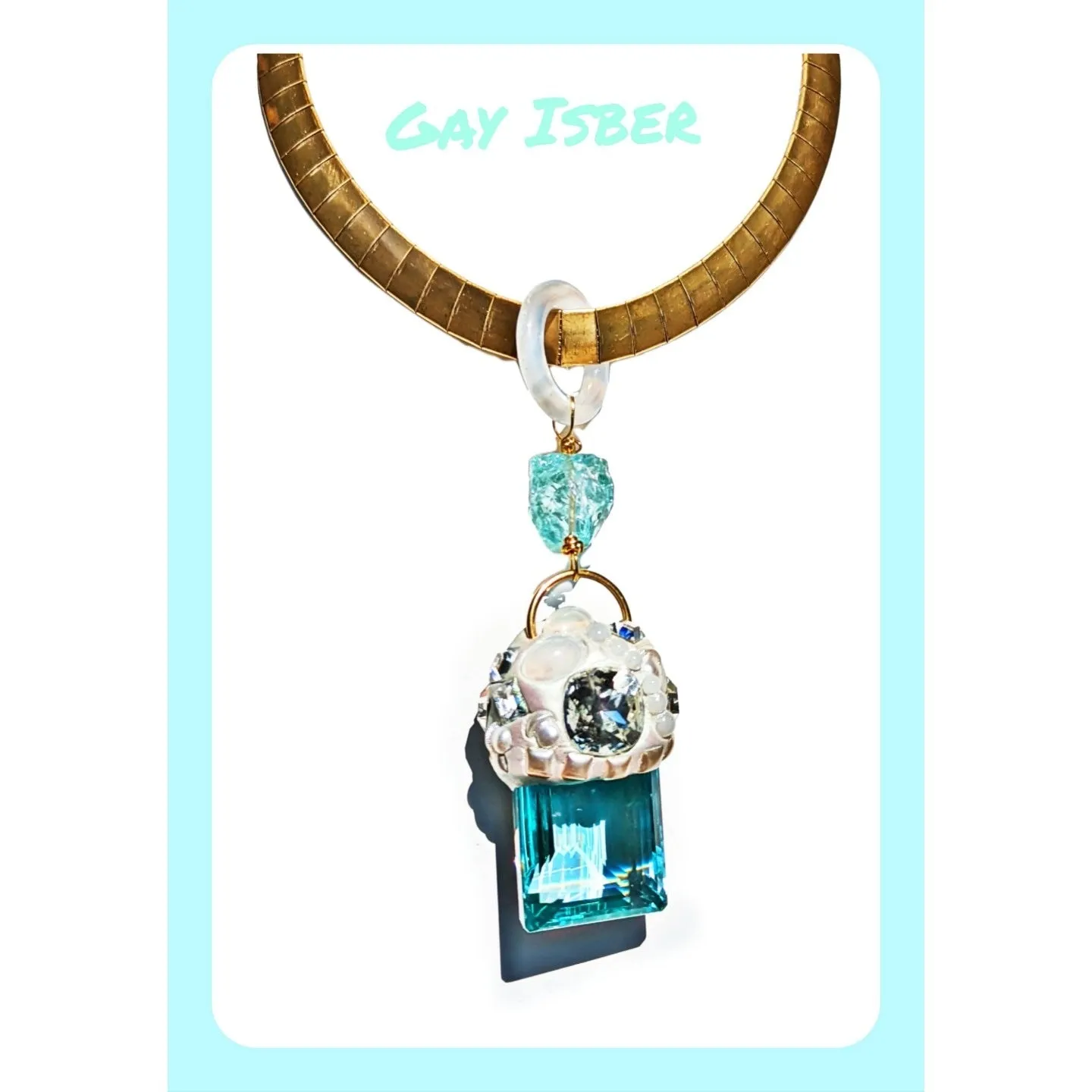 Jumbo Aqua Quartz emerald cut Pendant Collar Necklace Gay Isber One of one