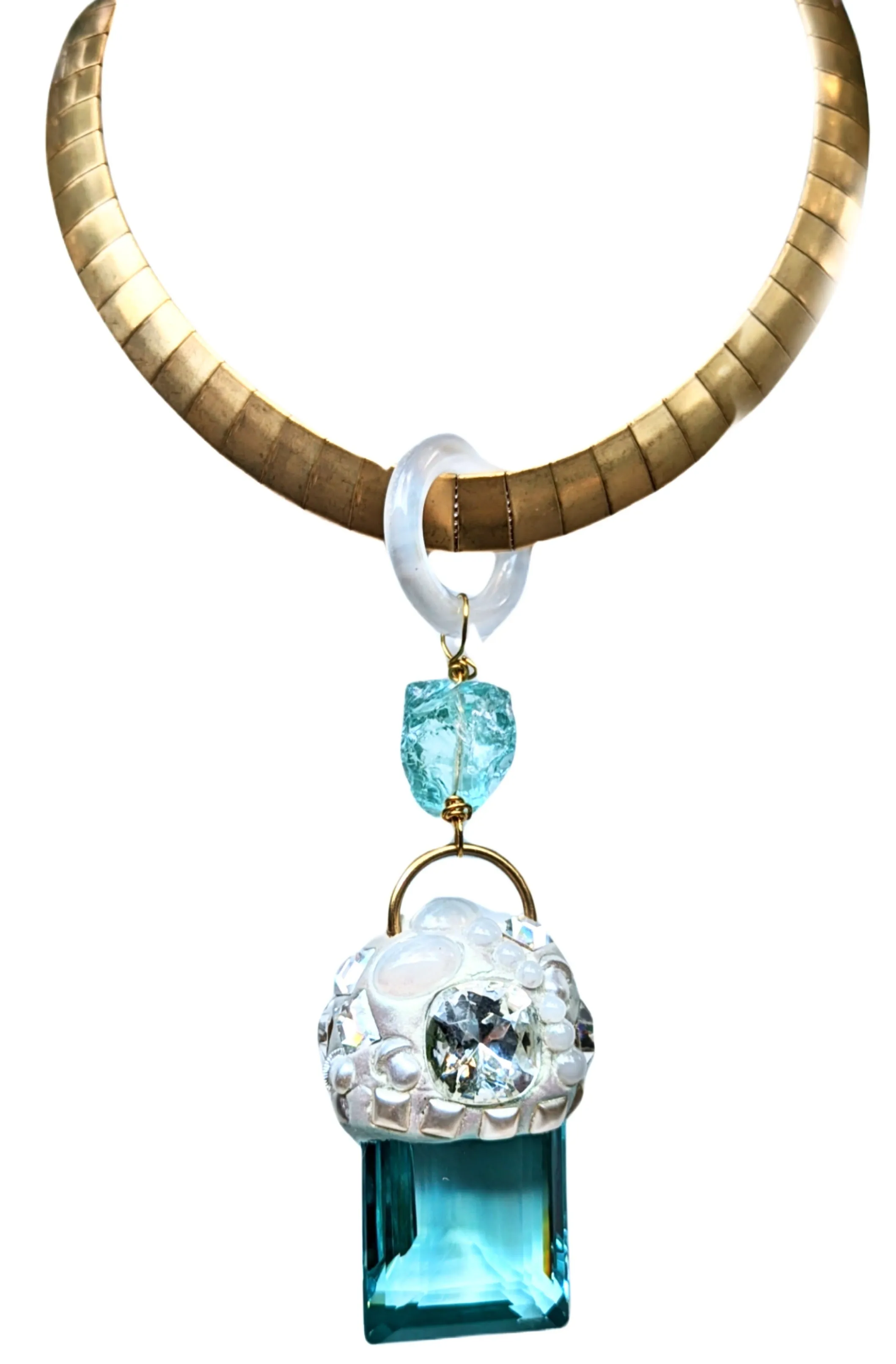 Jumbo Aqua Quartz emerald cut Pendant Collar Necklace Gay Isber One of one