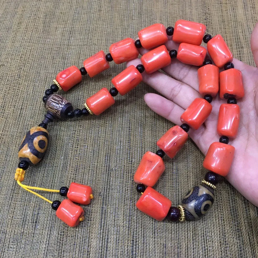 Natural Red Coral Tibetan Buddhist Three-eyed Dzi Bead Deep Sea Coral 18 Beads Hand Rosary Tassel Bracelets