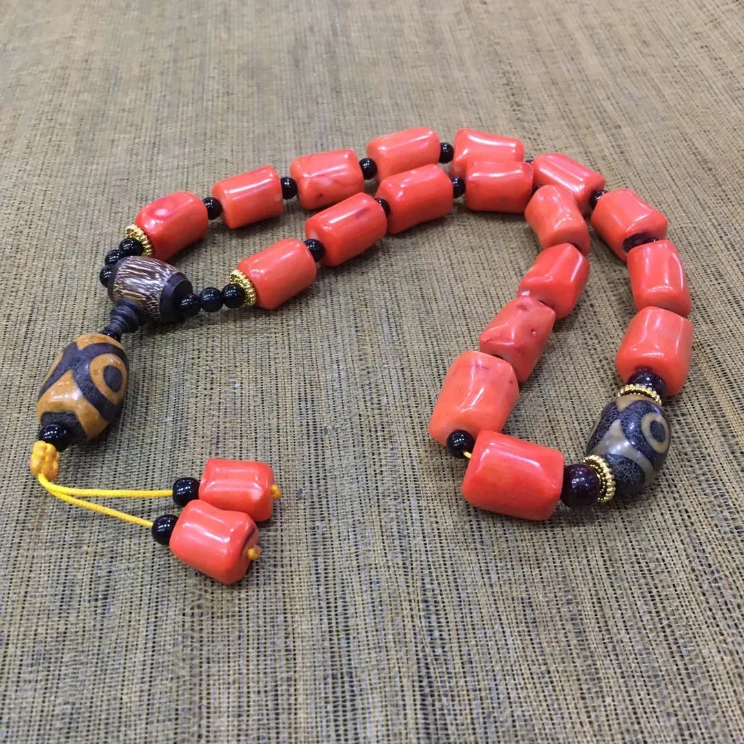 Natural Red Coral Tibetan Buddhist Three-eyed Dzi Bead Deep Sea Coral 18 Beads Hand Rosary Tassel Bracelets