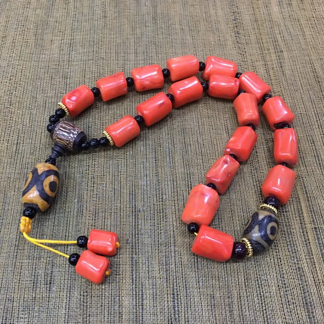 Natural Red Coral Tibetan Buddhist Three-eyed Dzi Bead Deep Sea Coral 18 Beads Hand Rosary Tassel Bracelets