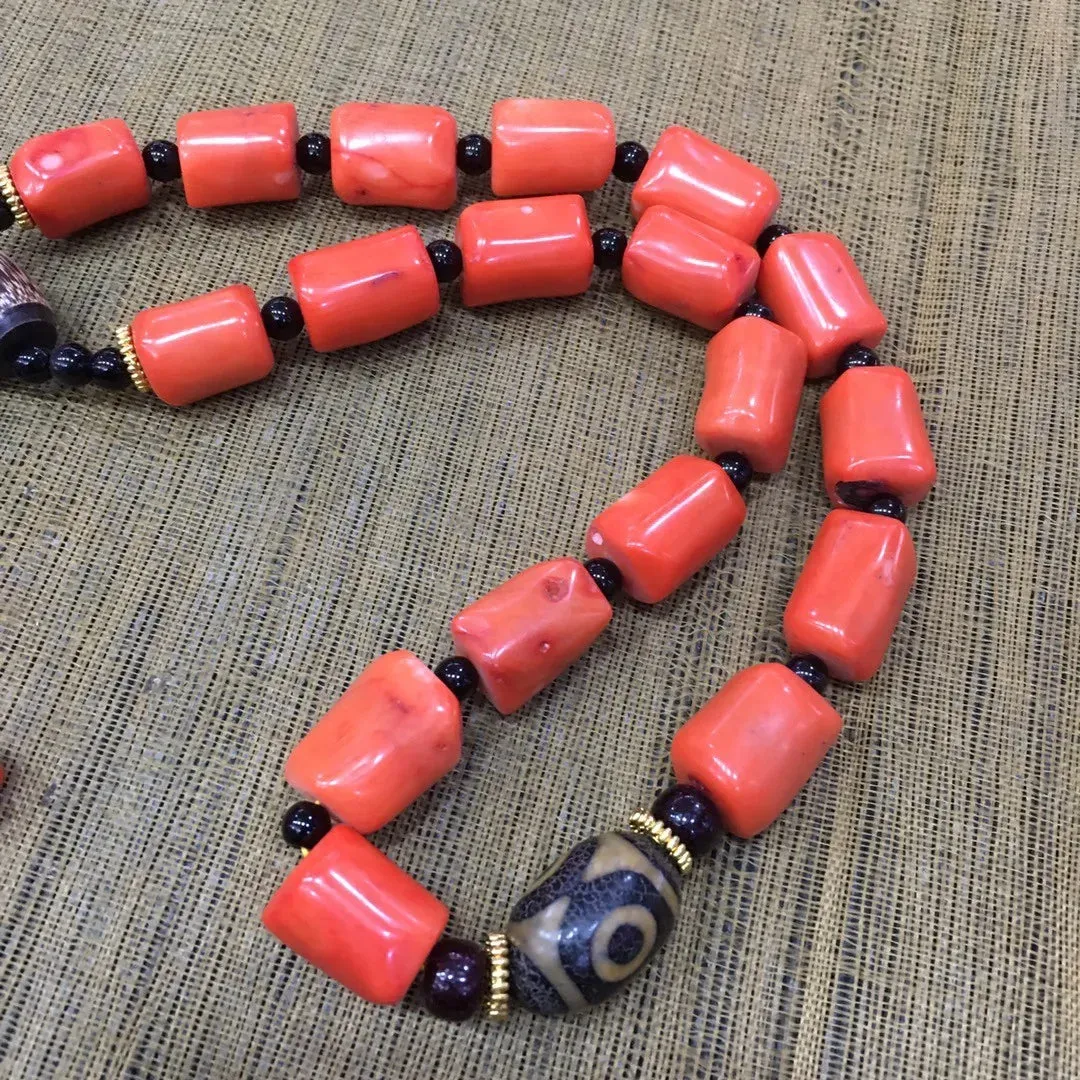 Natural Red Coral Tibetan Buddhist Three-eyed Dzi Bead Deep Sea Coral 18 Beads Hand Rosary Tassel Bracelets