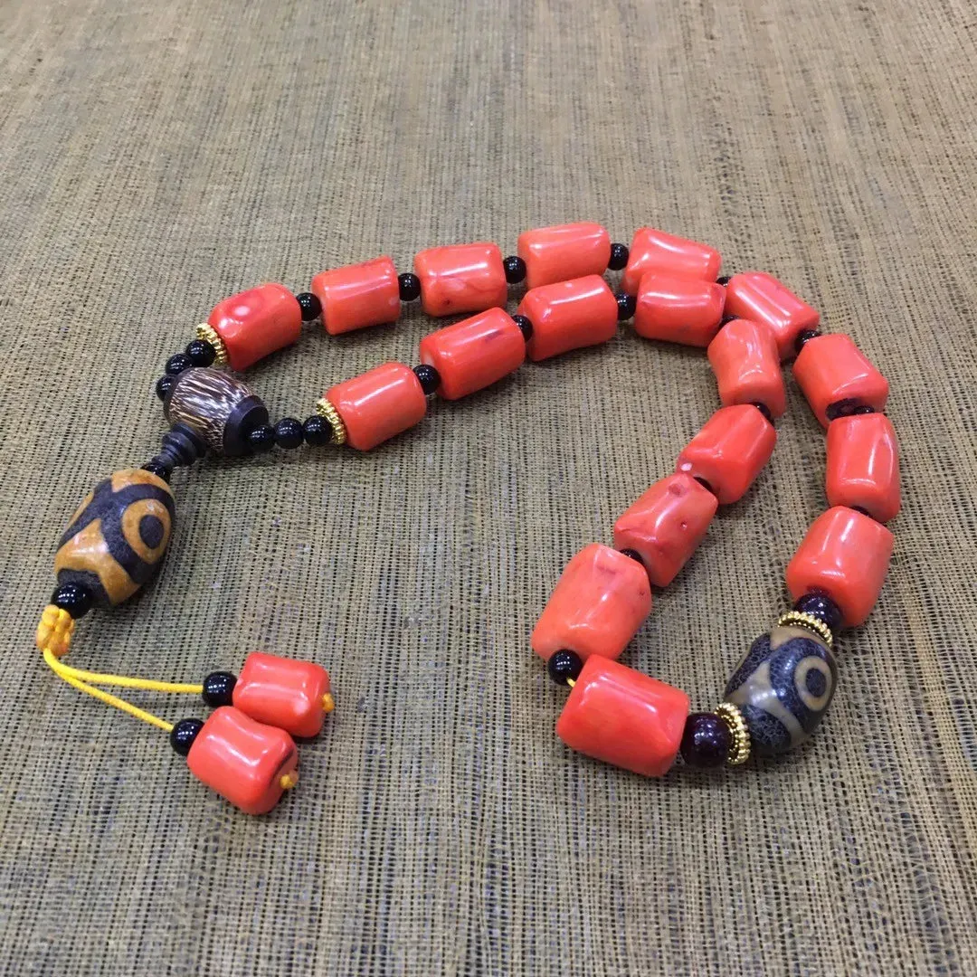 Natural Red Coral Tibetan Buddhist Three-eyed Dzi Bead Deep Sea Coral 18 Beads Hand Rosary Tassel Bracelets