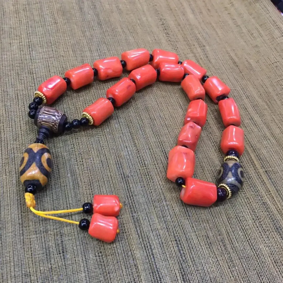 Natural Red Coral Tibetan Buddhist Three-eyed Dzi Bead Deep Sea Coral 18 Beads Hand Rosary Tassel Bracelets