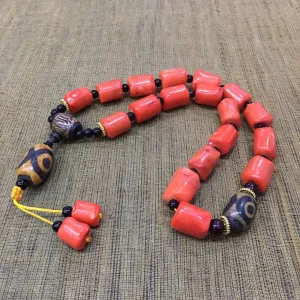 Natural Red Coral Tibetan Buddhist Three-eyed Dzi Bead Deep Sea Coral 18 Beads Hand Rosary Tassel Bracelets