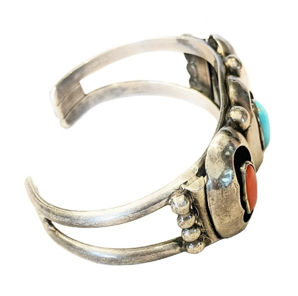 Old Pawn Navajo Sterling Silver, Coral, & Turquoise Shadow Box Cuff Bracelet
