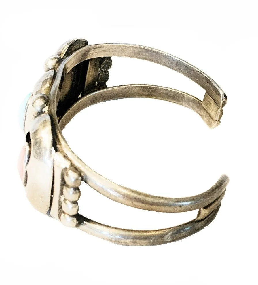 Old Pawn Navajo Sterling Silver, Coral, & Turquoise Shadow Box Cuff Bracelet