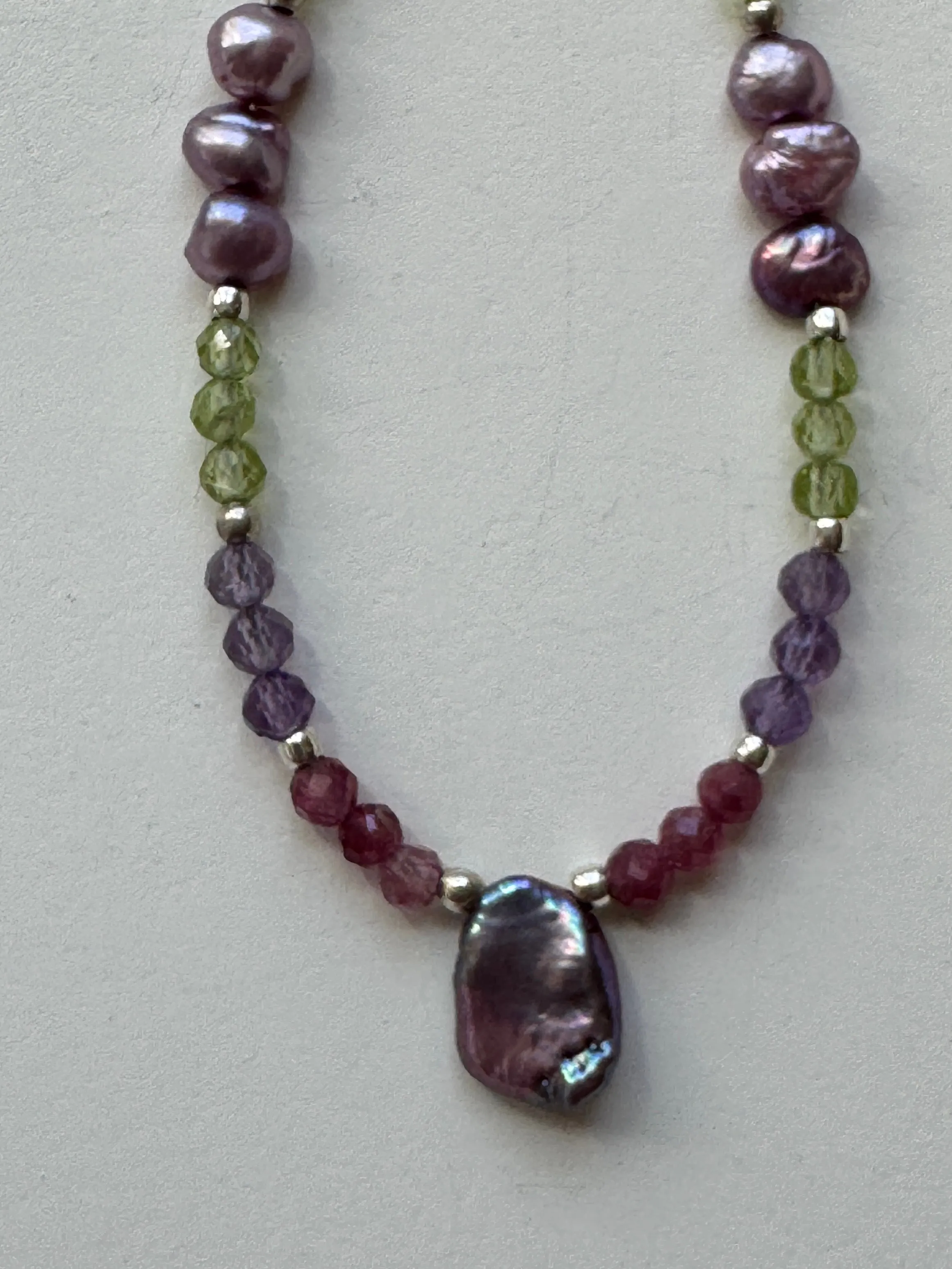 Pink Tourmaline Necklace with Pearls, Peridot, and Amethyst