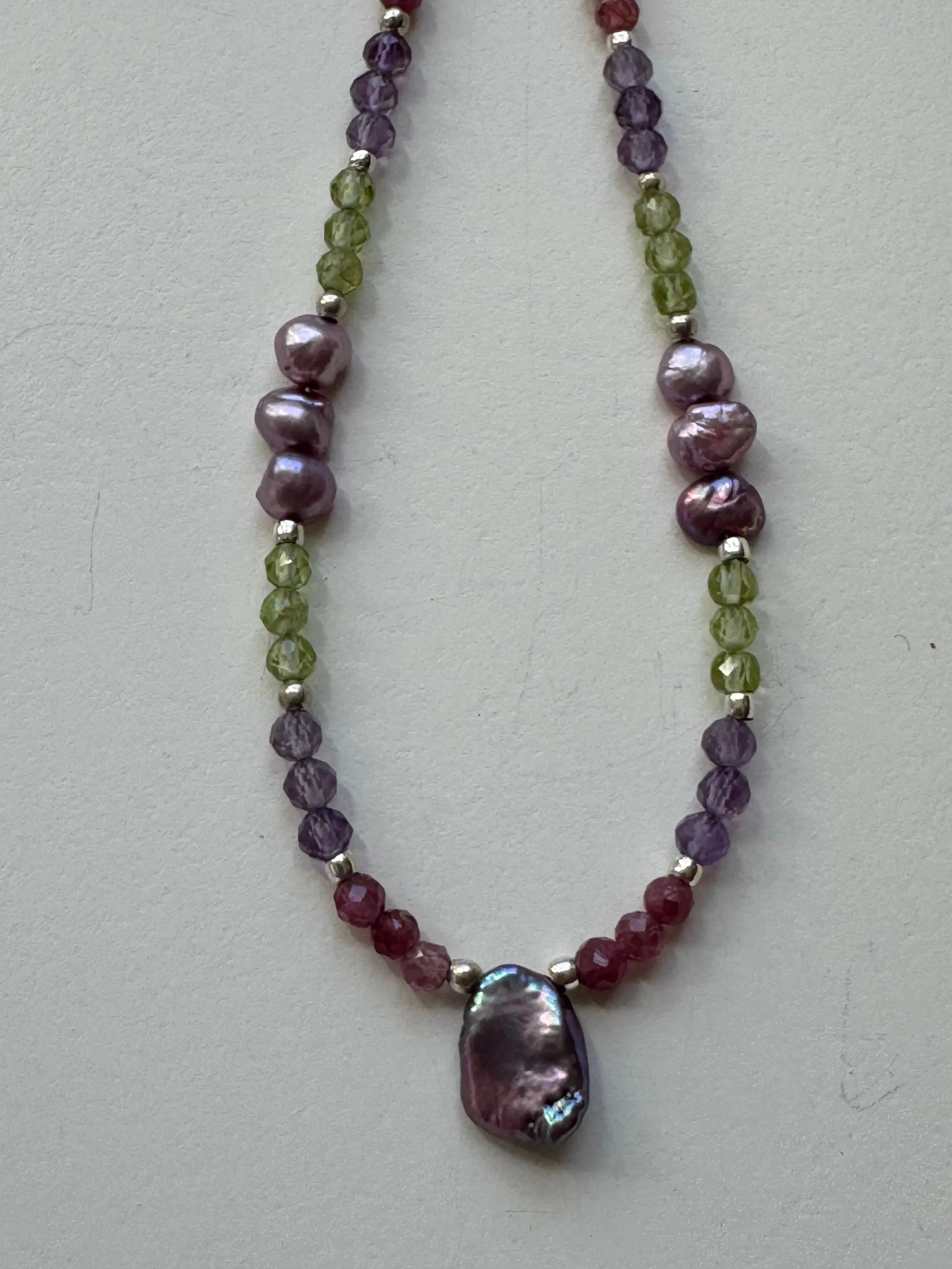 Pink Tourmaline Necklace with Pearls, Peridot, and Amethyst