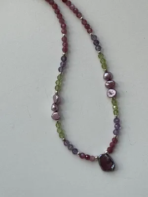 Pink Tourmaline Necklace with Pearls, Peridot, and Amethyst