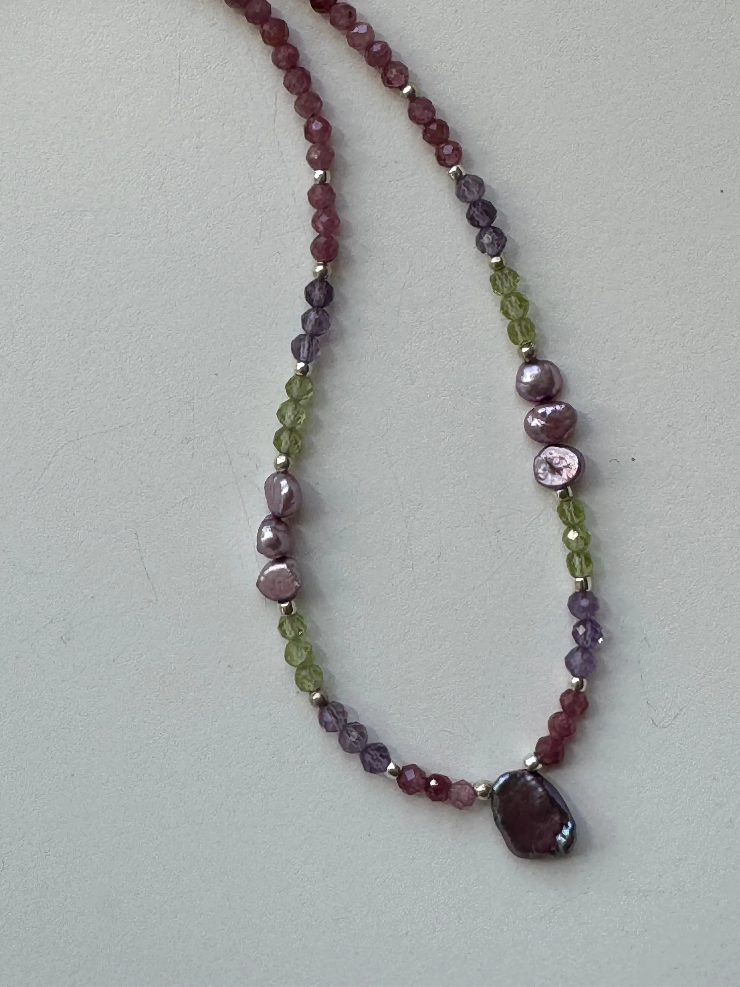 Pink Tourmaline Necklace with Pearls, Peridot, and Amethyst
