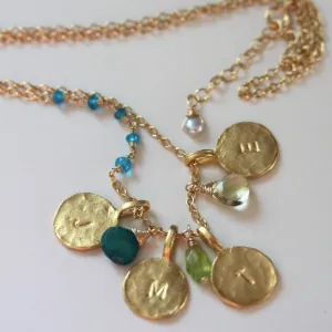 Say My Name Necklace - Personalized 18k Gold Initial 4 Charm & Birthstone Necklace.