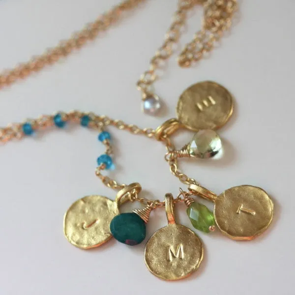 Say My Name Necklace - Personalized 18k Gold Initial 4 Charm & Birthstone Necklace.