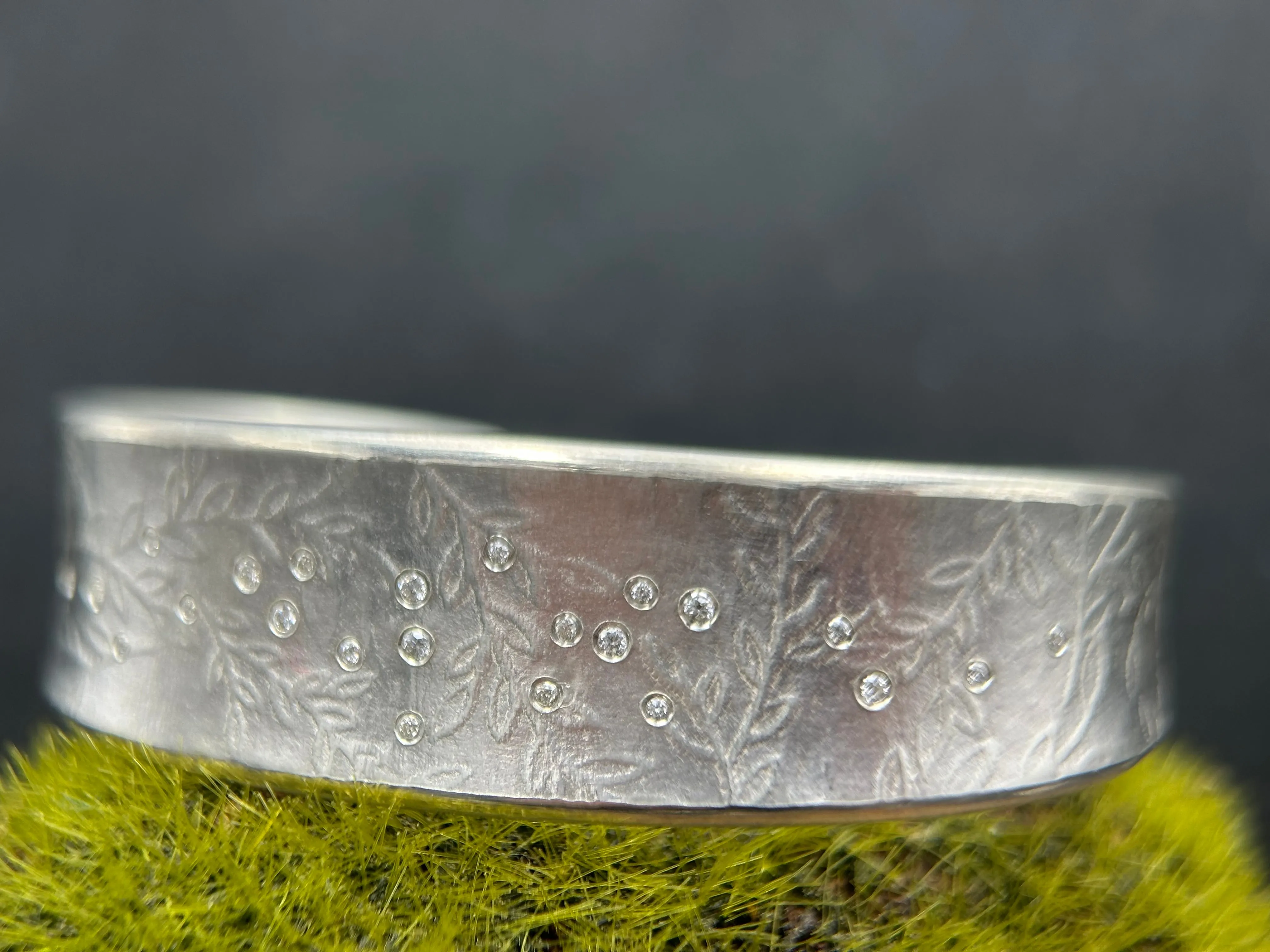 Sterling Silver Cuff with Roll Print Leaf Texture and Diamonds