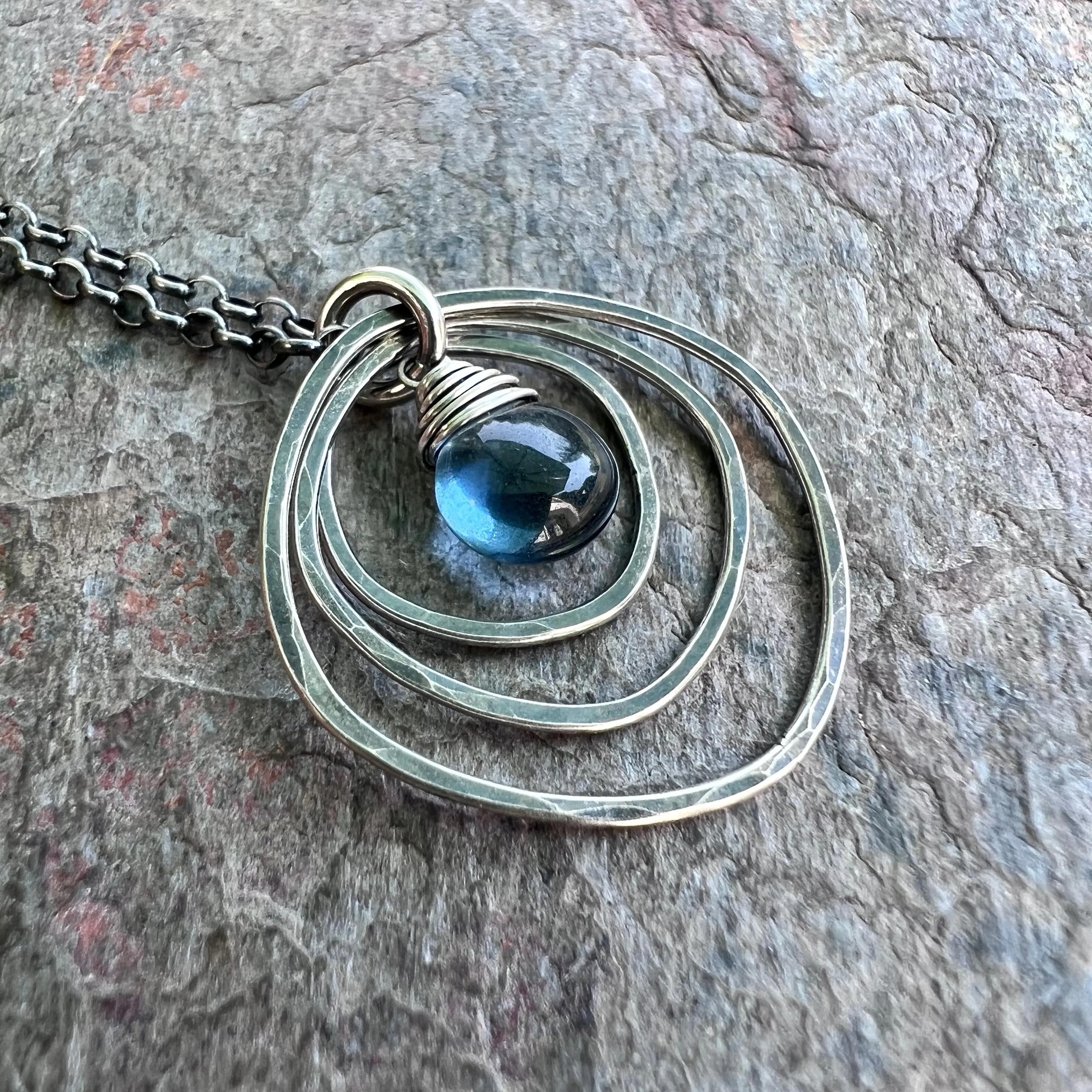 Sterling Silver Quartz Necklace - Blue Hydro Quartz in Hammered Silver Pendant on Sterling Silver Chain