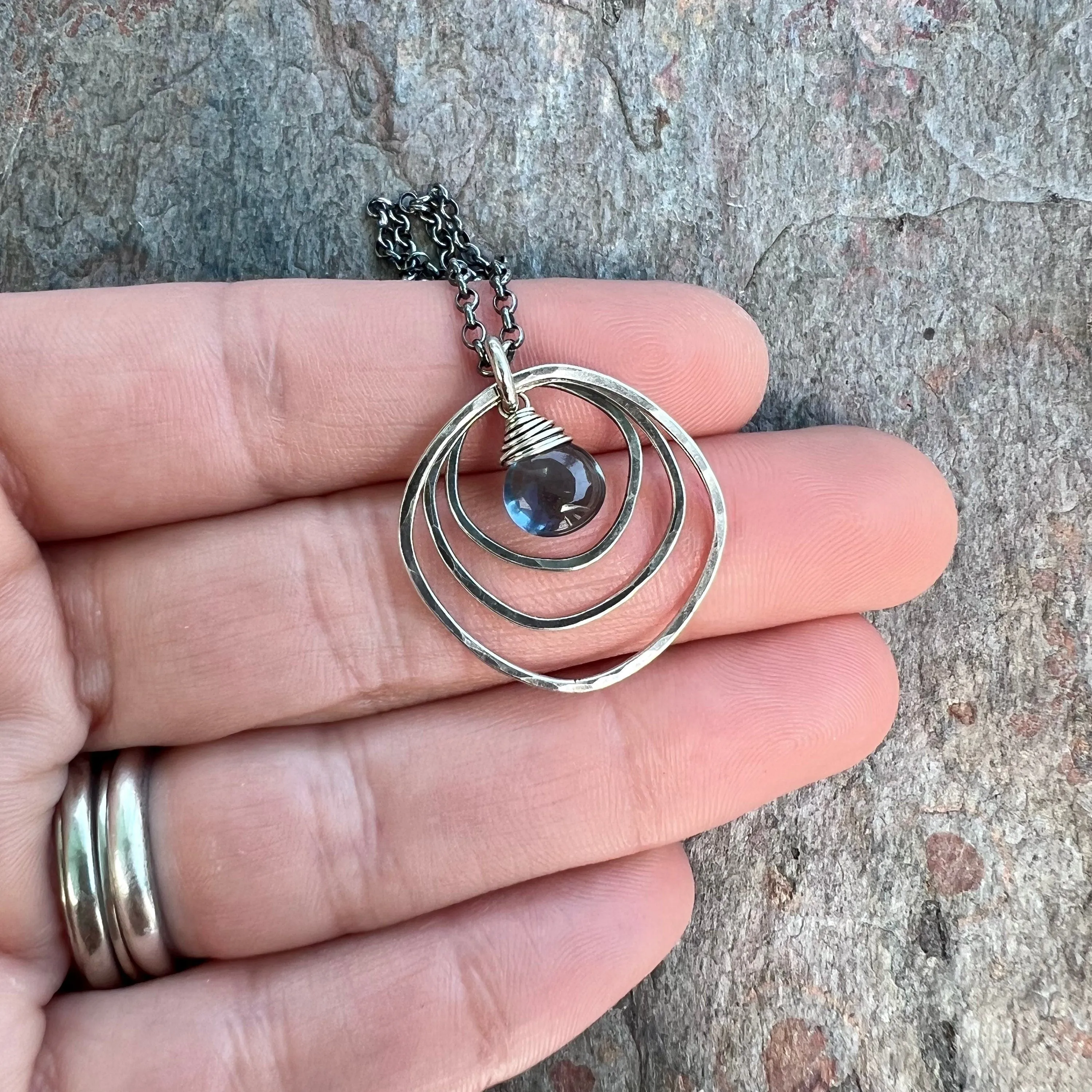 Sterling Silver Quartz Necklace - Blue Hydro Quartz in Hammered Silver Pendant on Sterling Silver Chain