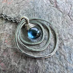 Sterling Silver Quartz Necklace - Blue Hydro Quartz in Hammered Silver Pendant on Sterling Silver Chain